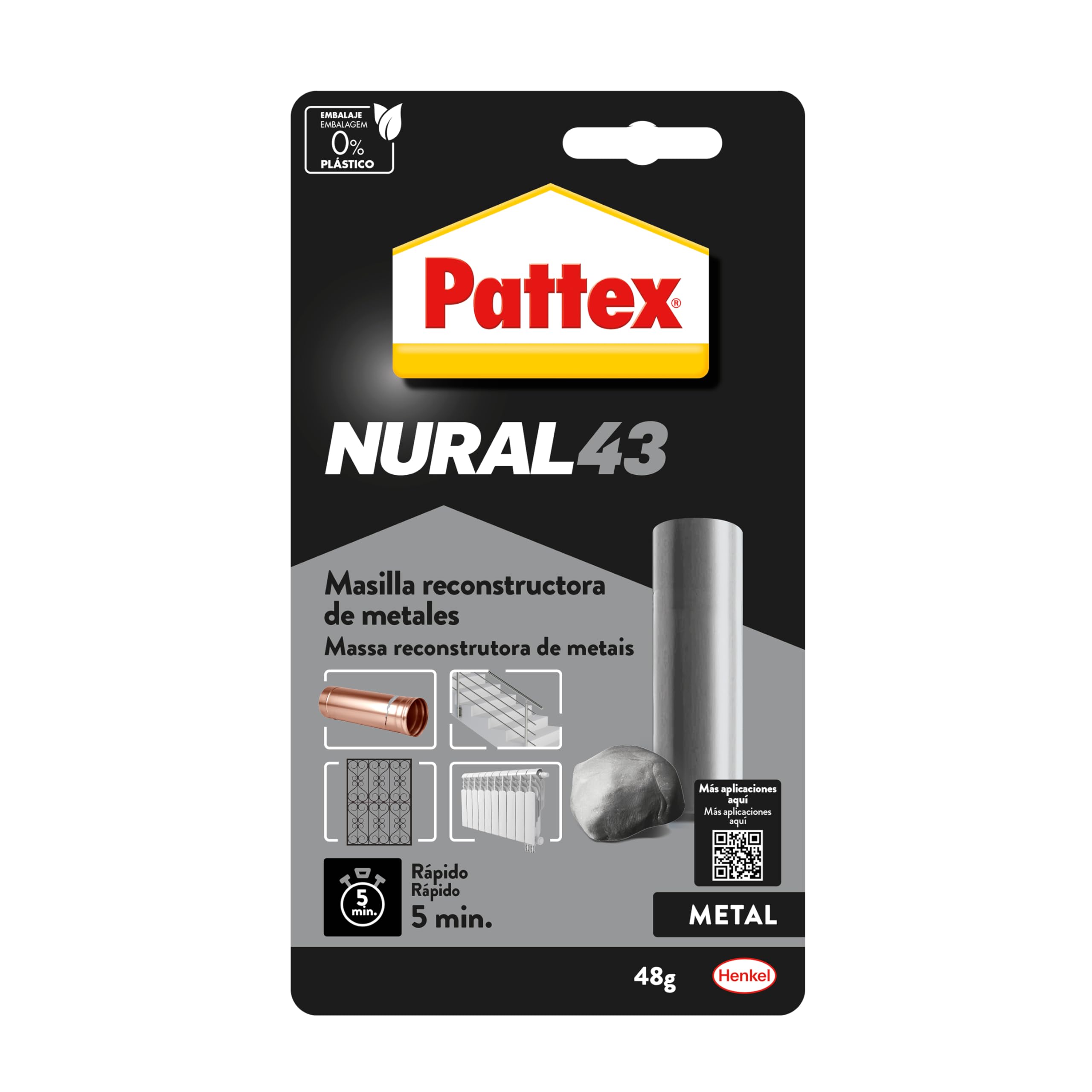Pattex Nural 43 Masilla reconstructora de metales, masilla adhesiva para restaurar piezas metálicas, masilla gris para grietas, agujeros, fisuras y uniones, 1 x 48 g