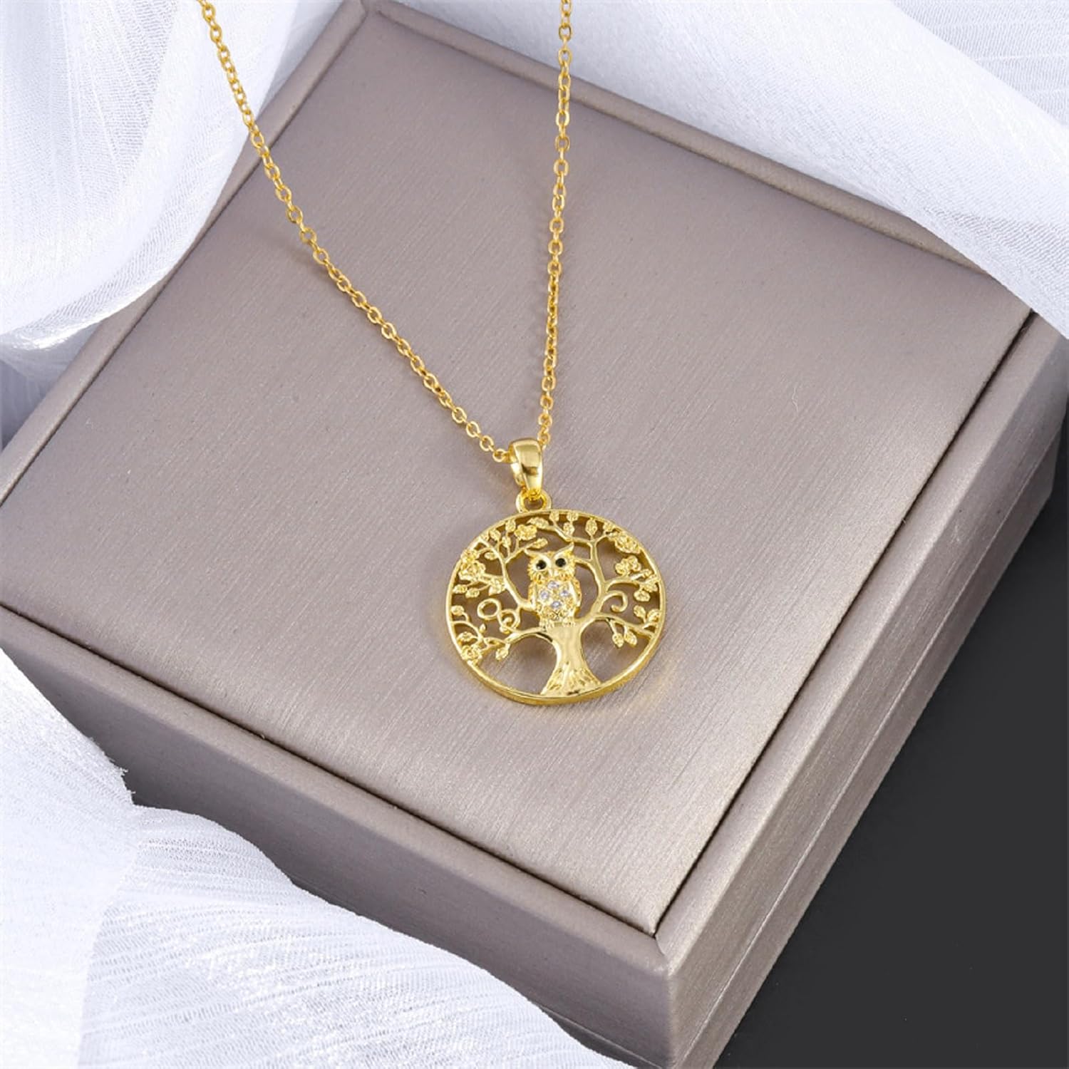 Gold Owl Necklace for Women Cute Tree of Life Pendant Necklace Vintage Bird Tree Crystal Choker Chain Necklace Mother's Day Jewelry Present - Image 5