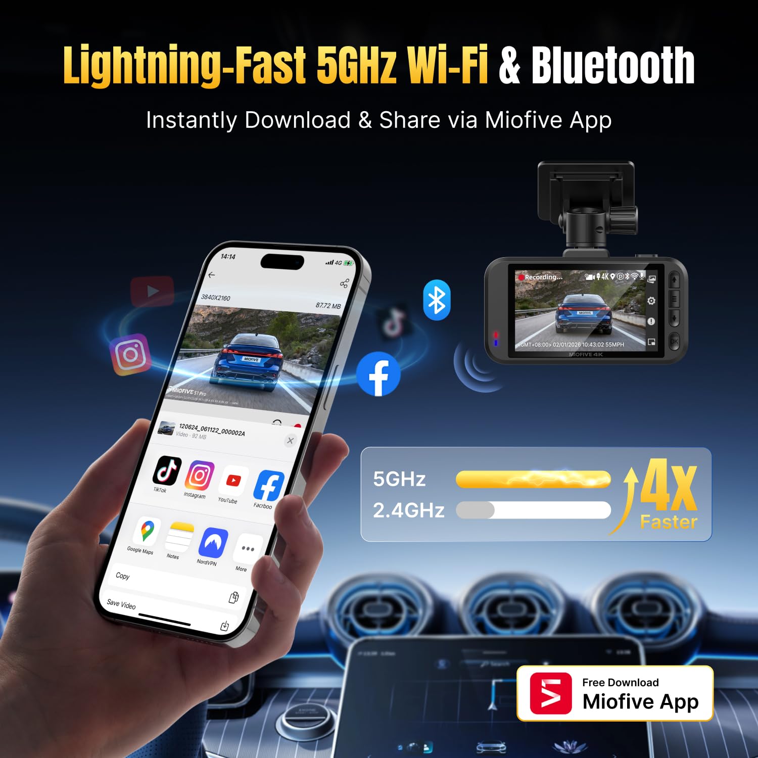 Miofive 4K+2K Dual Dash Cam Front and Rear, Pre-installed 64GB Card, 5GHz Wi-Fi Bluetooth GPS, 3" IPS Screen, HDR Night Vision, 24H Parking Mode, AI Start & UK Speed Camera Detection - 5