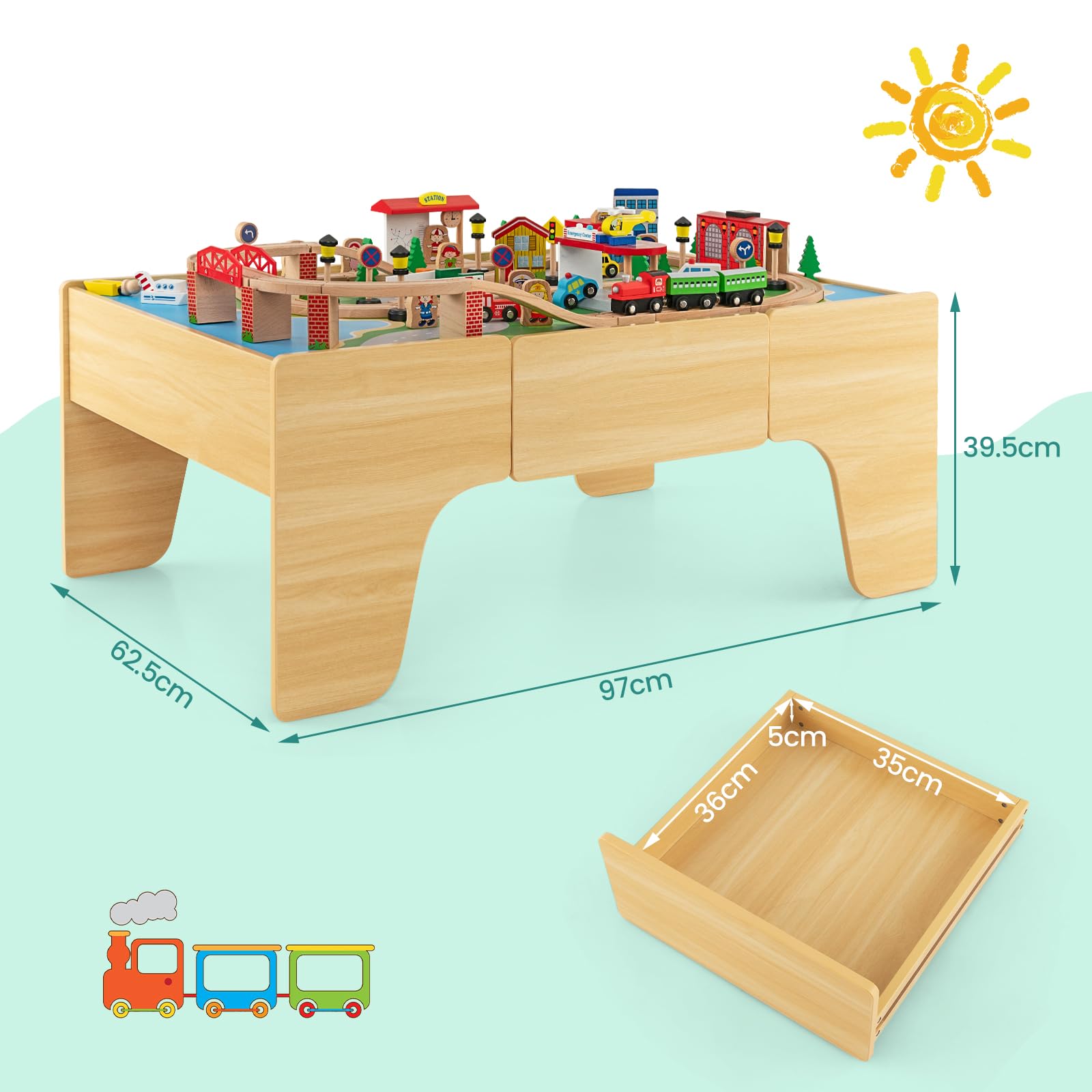 RELAX4LIFE Tavolo Attività in Legno per Bambini con Binari e Treno, da 84/80 Pezzi, Piano Reversibile e Rimovibile, Cassetto per Ragazzi e Ragazze (Naturale,84 pezzi)