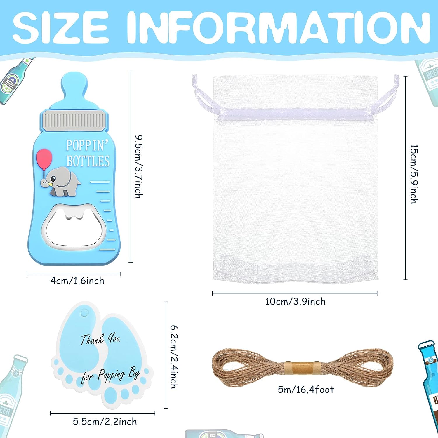 Geiserailie 20 Sets Baby Shower Favors for Guests Include 20 Bottle Opener Fridge Magnet 20 Thank You Tags with Organza Bag and Twine, Gender Reveal Gift Baby Shower Return Gift image 5