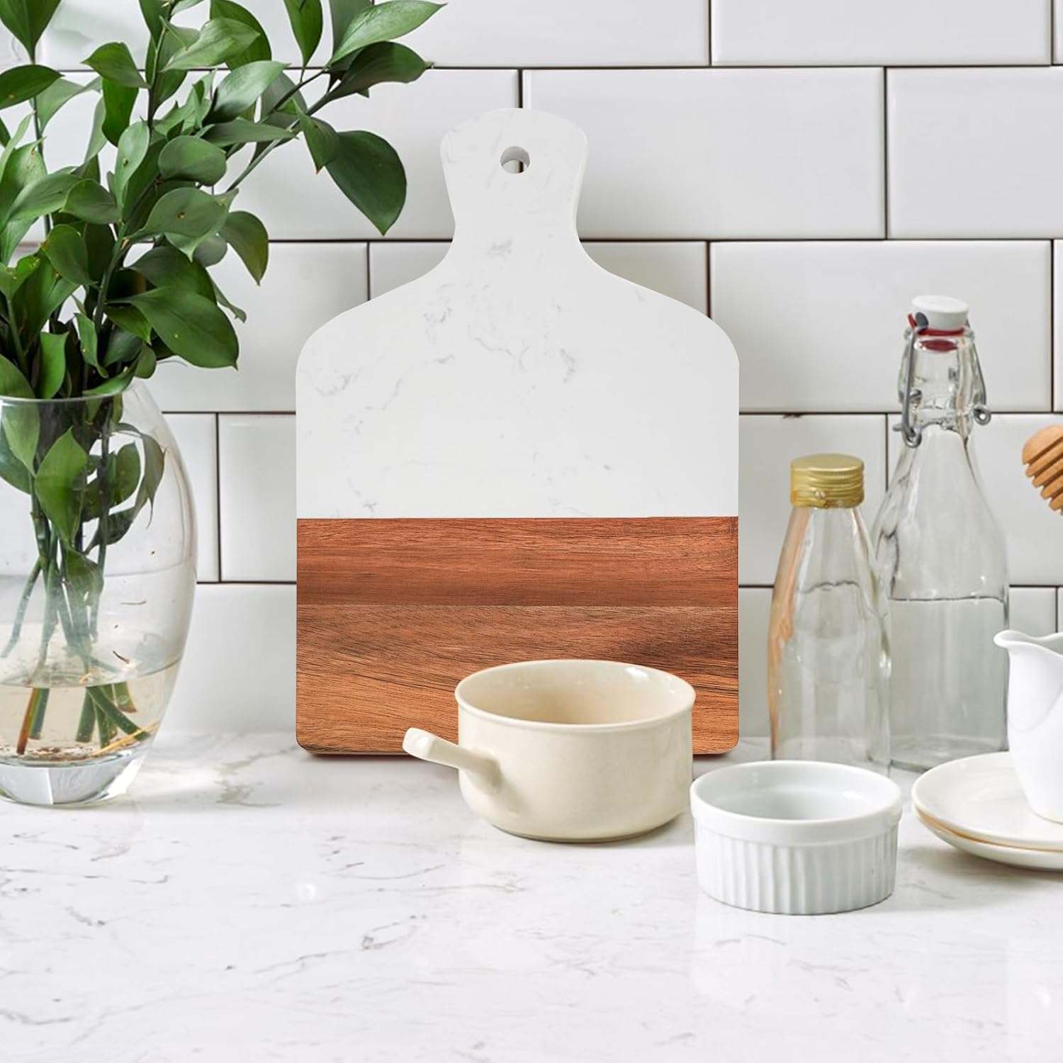 Coloch Marble and Acacia Wood Cutting Board, Charcuterie Chopping Board with Handle, Decorative Serving Board for Cheese, Steak, Bread, Fruit (white) - Image 7