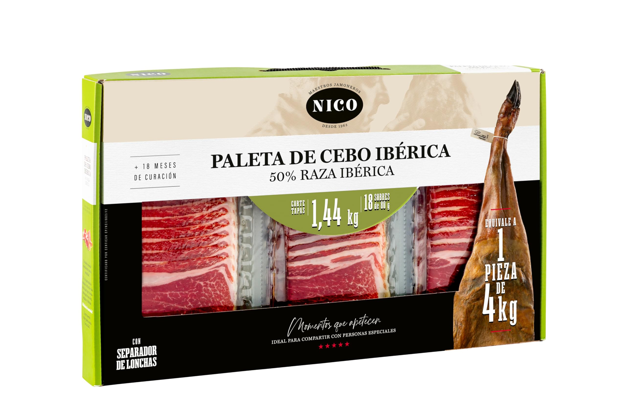 NICO JAMONES - PACK LONCHEADO PALETA DE CEBO IBERICA 50% raza ibérica. 18 sobres de 80 gr. Jamón de sabor gourmet. Especialidad de nuestro Maestro Jamonero.