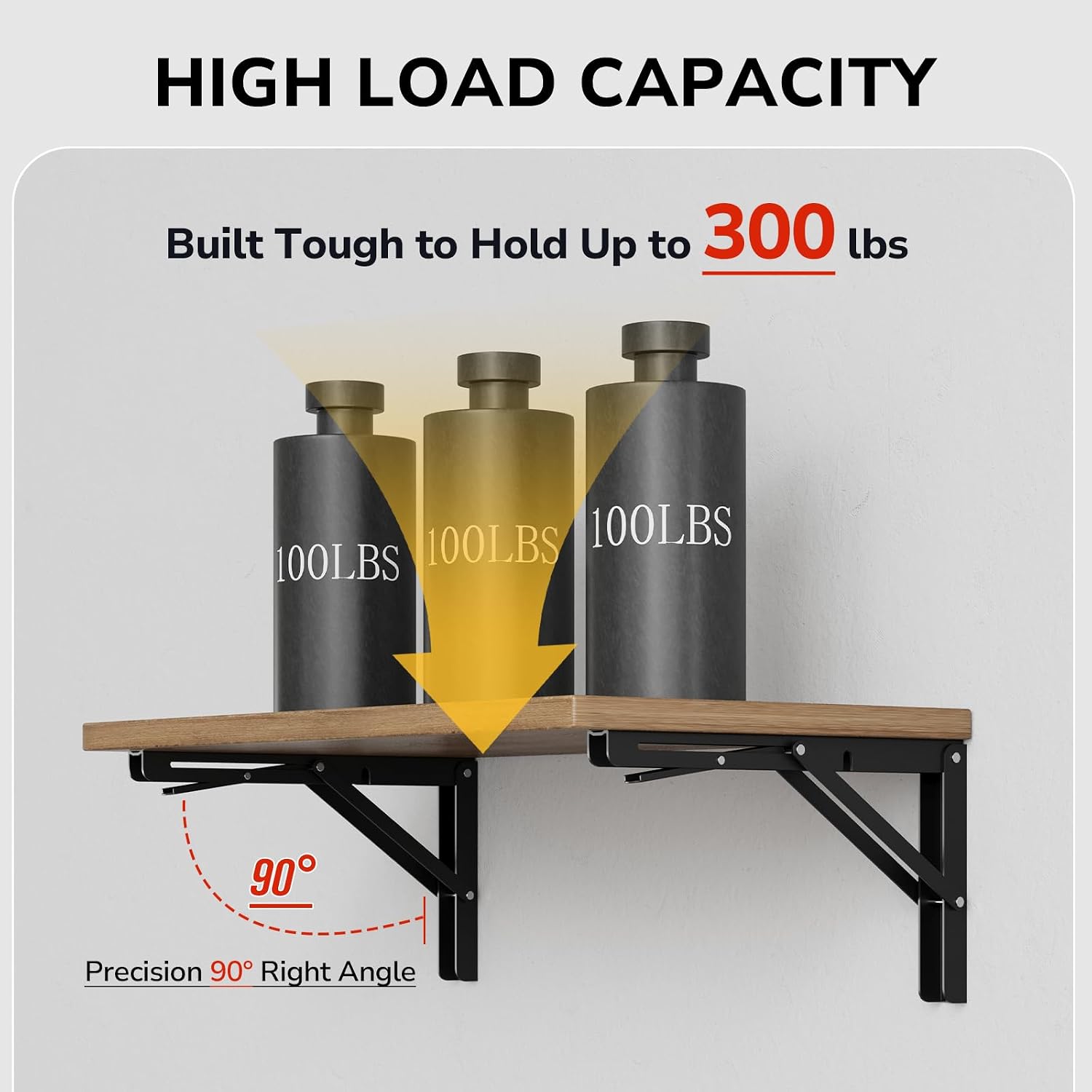 12 Inch Folding Shelf Brackets, L Shelf Brackets Collapsible, Heavy Duty Stainless Steel Shelf Bracket for DIY Folding Shelves or Tables, Max Load 300lbs, Black, 4 Pcs