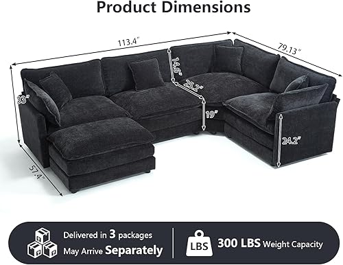 Miniatura 2 de Sofá modular Cloud seccional, moderno sofá modular en forma de L de felpilla con otomana y almohadas, sofás esquineros de asiento profundo de 5