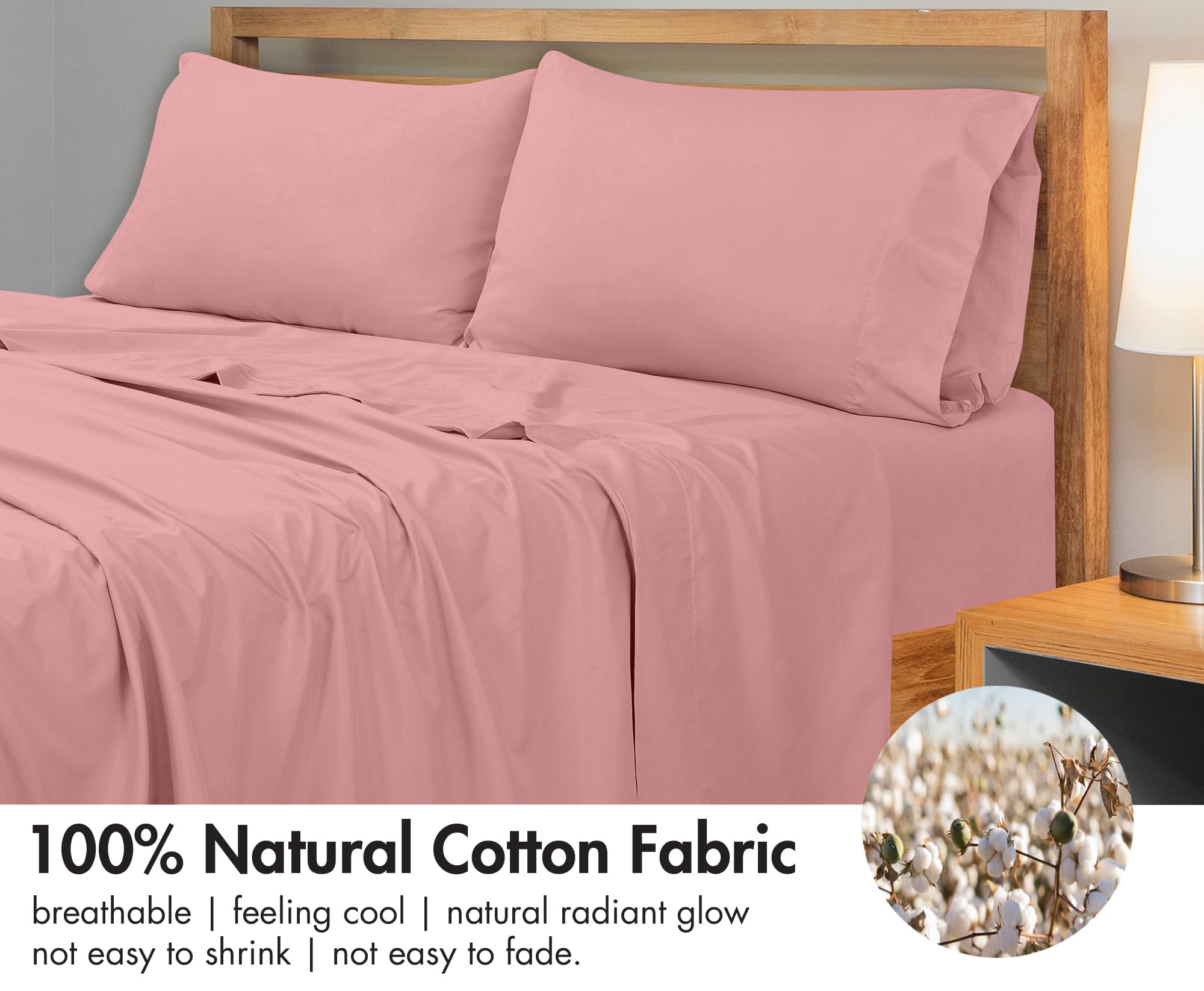 ROYALE LINENS - Sábana encimera de 100 % algodón peinado de fibra larga, 300 hilos, ultrasuave, sábana superior, transpirable, fresca y crujiente, solo sábana encimera de percal (individual, rosa)