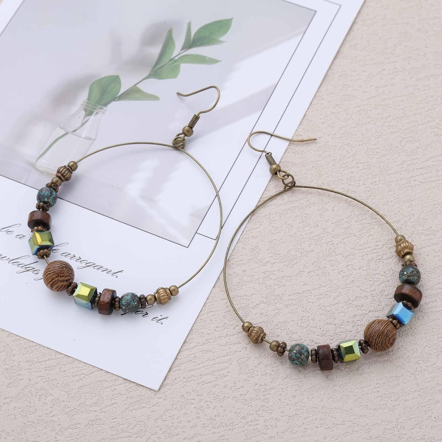 Boho Wooden Bead Circle Dangle Earrings Hollow Circle Hoop Earrings Round Turquoise Drop Earring Brown Bead Hoop Earring Jewelry for Women - Image 7