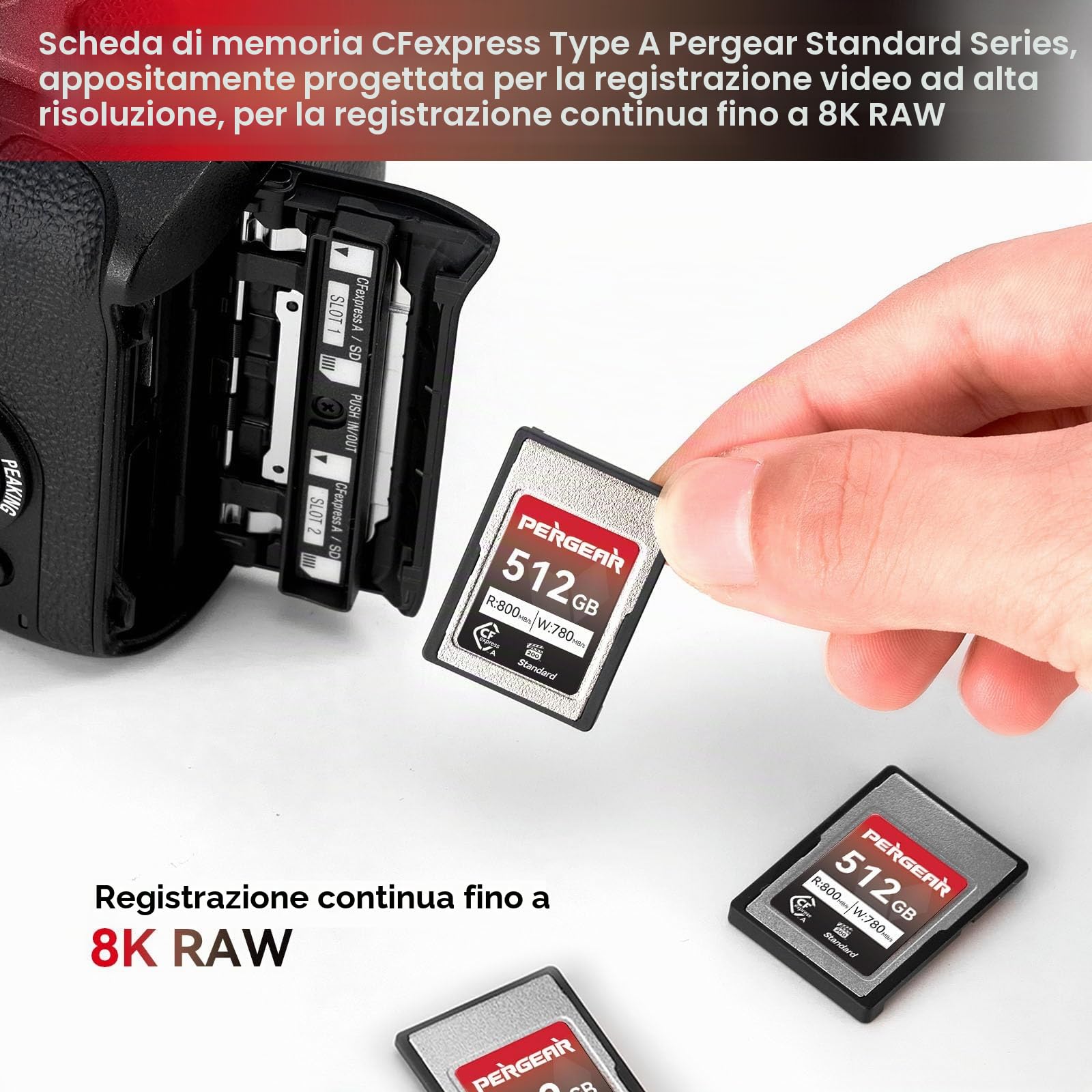 Pergear 512GB CFexpress tipo A da Scheda di Memoria, Velocità di Lettura Fino a 800 MB/s e Velocità di Scrittura 780 MB/s per Registrazione 4K 120P, 8K 30P, (Serie Standard)