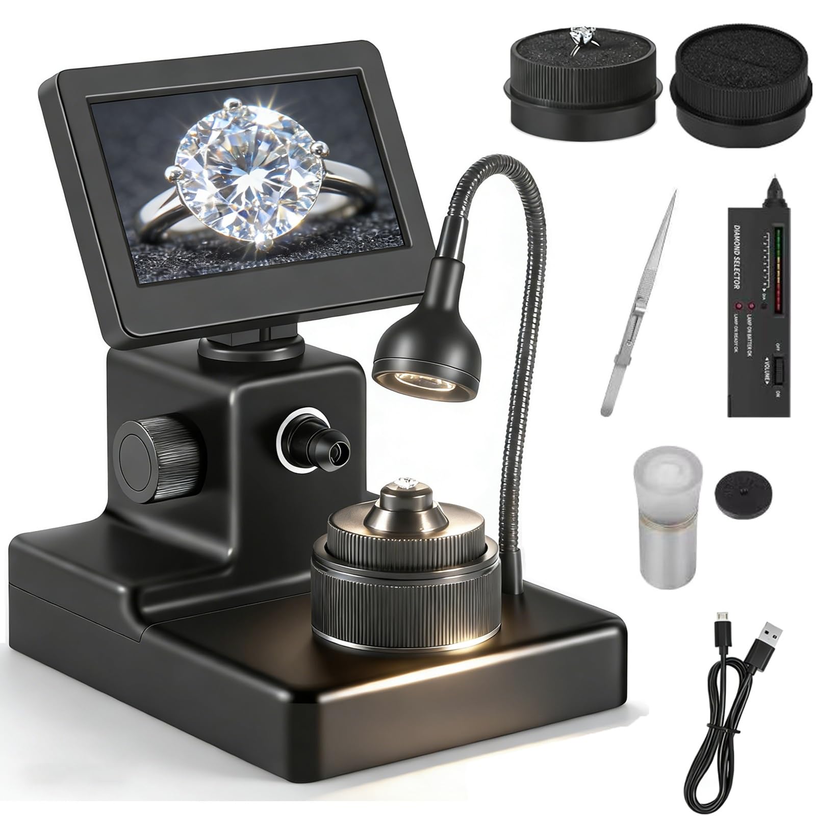 Probador de microscopio de diamante, visor LCD de 4.3 pulgadas con luz LED, aumento de 50-1000X, enfoque ajustable, pantalla giratoria de 360 grados, multiángulo