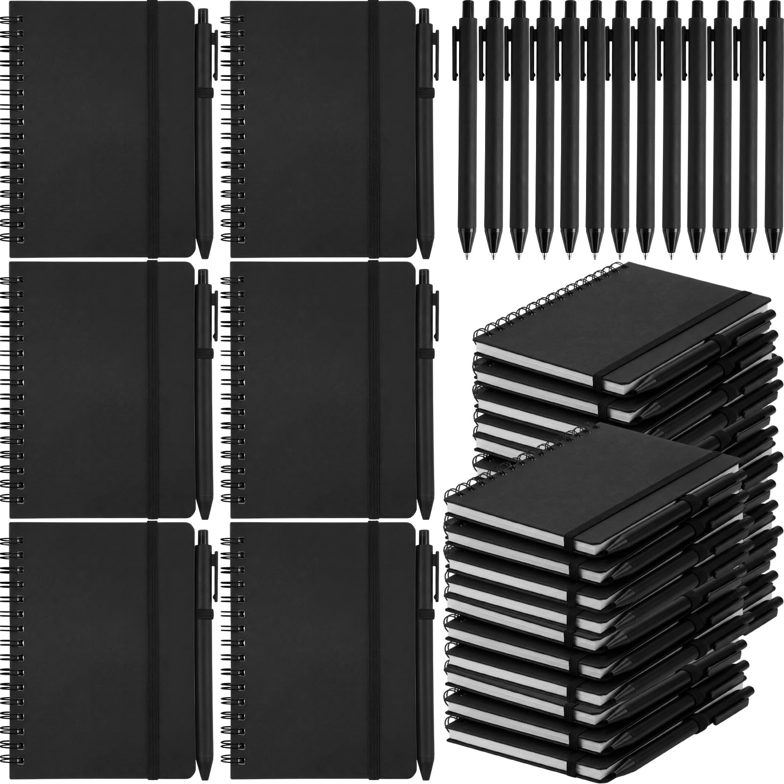 Fulmoon Set di 30 quaderni a spirale A6 con penna a sfera in 10 colori, 50 fogli, 10,2 x 15,2 cm, a righe, piccoli quaderni per il rientro a scuola, studenti, regali per ufficio e colleghi (nero