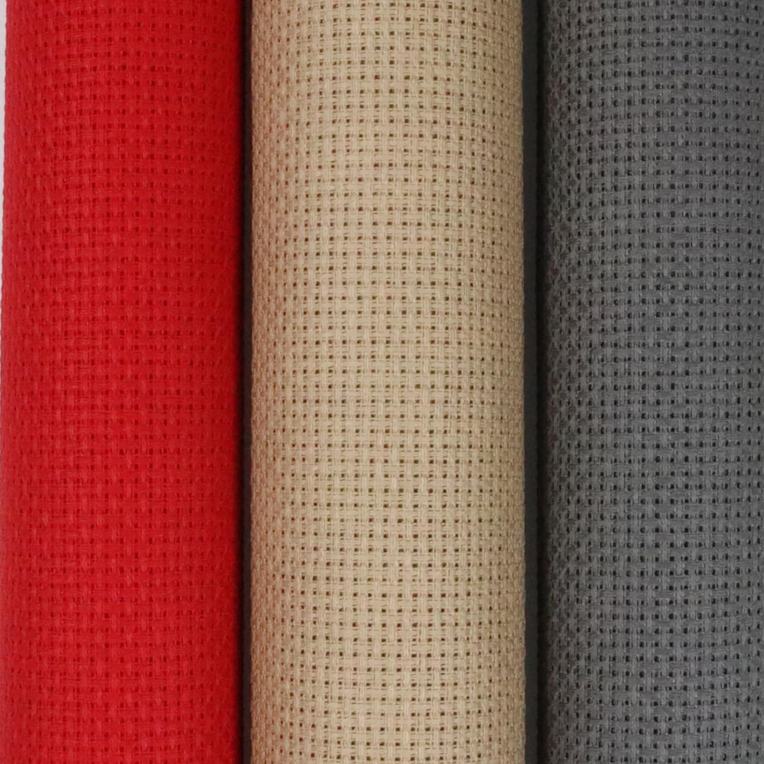 KCS 3 pc of 15" x 18"(38cmx45cm) 16 Count Cross Stitch Cotton Aida Cloth Needlework Rolled Fabric Box,16CT,Red+Khaki+Dark Grey