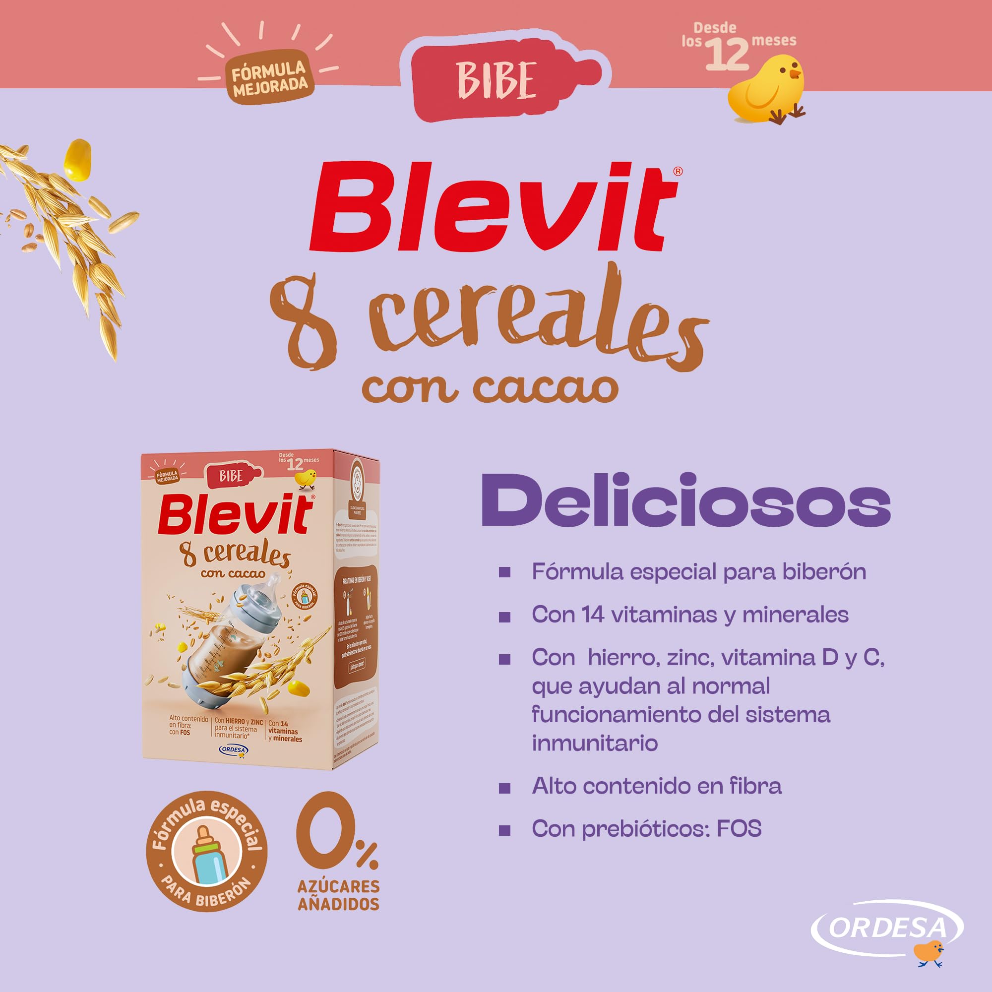 Blevit Bibe 8 Cereales con Cacao 500g Papilla para Bebé 12 meses 14 Vitaminas y Minerales