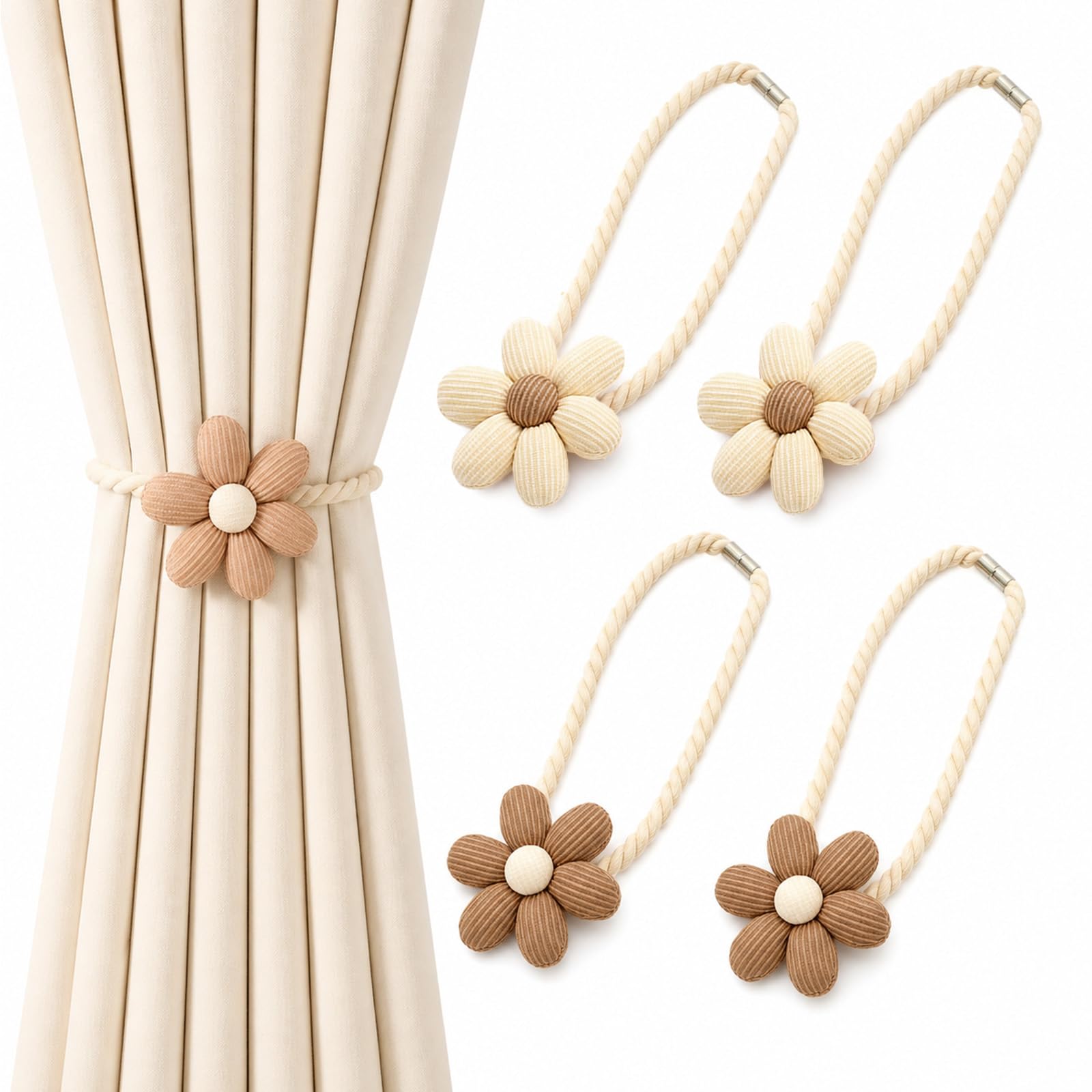 4 Pcs Magnetic Curtain Tie Backs, 42cm Curtain Tie Backs Magnetic Flower Curtain Ties, Beige & Coffee Brown Magnetic Tie Backs for Curtains, Living Room Bedroom Nursery Décor