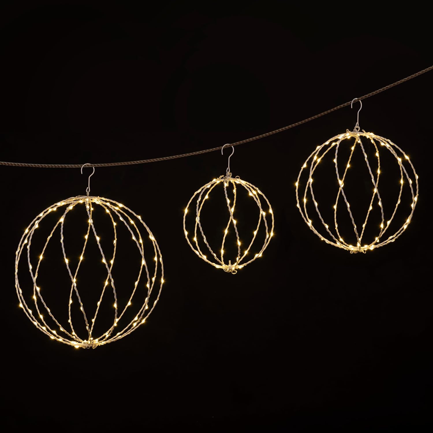 Setof 3 Christmas Ball Light Sphere, 12IN 16IN and 20IN Hanging Tree Light and Pathway Lights with Hook, Foldable Metal Frame Light Ball for Outdoor Garden, Brown Frame, Warm White
