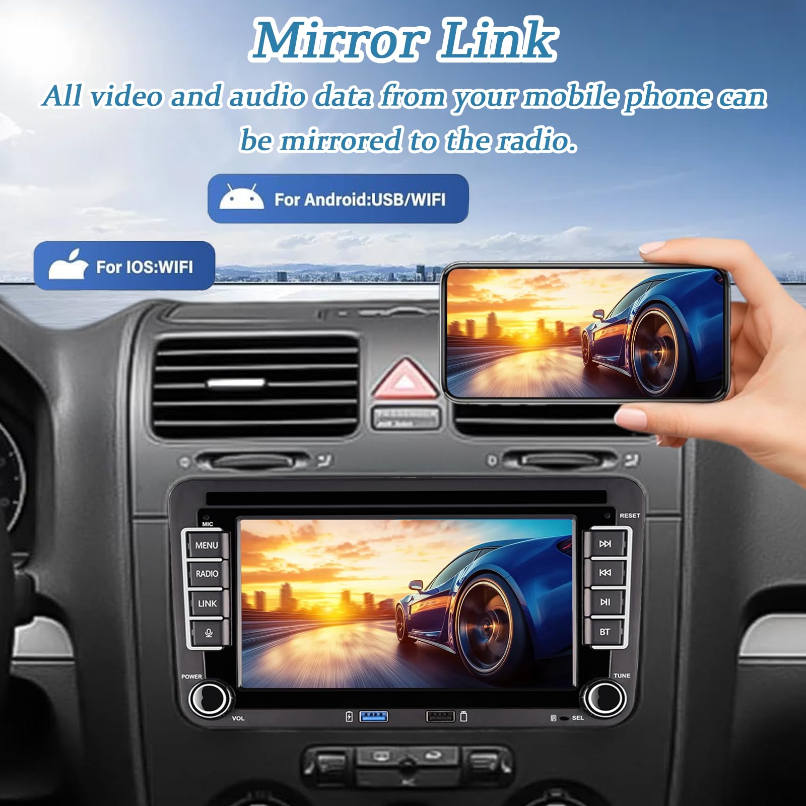 VW Auto radio of Golf 5 6 Doppio Din compatibile con CarPlay wireless/Android Auto per VW Polo Passat Caddy EOS T5 Touran con 7 Pollici IPS Mirror Link Bluetooth/FM/AM/USB/EQ/SWC