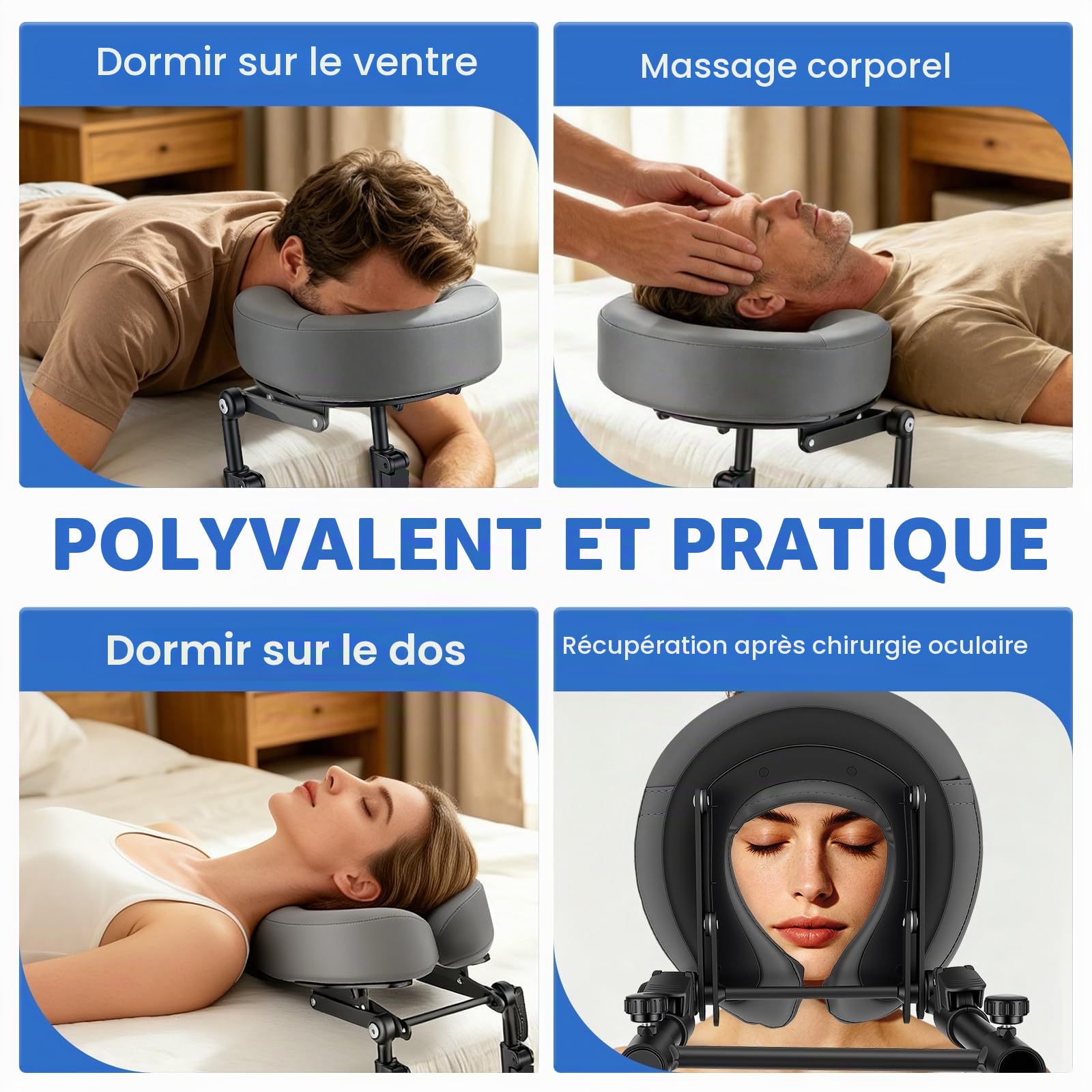 Appui-tête de massage réglable pour lit avec cadre et coussin de soutien, accessoire de convalescence post-opératoire des yeux, Support facial pour matelas à domicile et salons de beauté, Gris