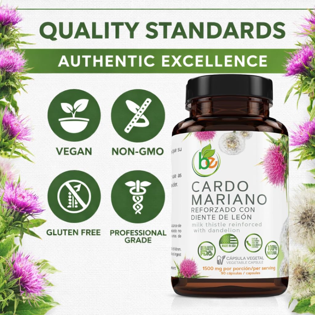 Cardo Mariano reforzado con diente Leon (Milk Thistle Reinforced w/Dandelion) 90 Vegetable Capsule 1500 mg per Serving, Root Liver Health Support, Antioxidant Support,100% Natural, Made by BexpertsUSA — Amazon image 4