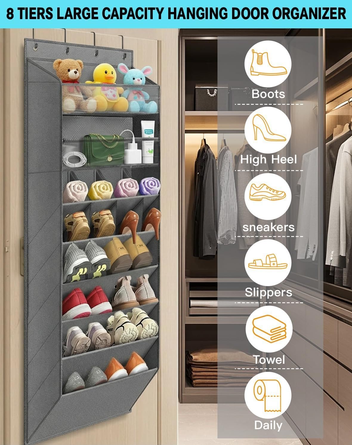 Zapatero para colgar sobre la puerta con 8 estantes para botas, solución de almacenamiento estrecha para el hogar y el apartamento, bolsillos profundos para artículos esenciales diarios, color gris
