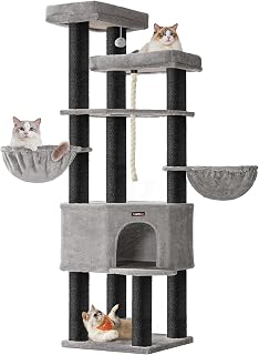 Feandrea Large Scratching Tree, Multi-Tier Cat Tower XXL, 55 x 55 x 186 cm | Sturdy Tower, Multi-Cat Scraper with Hammock, Sisal Poles, Dove Grey, Collection CLAWFY PCT008G02
