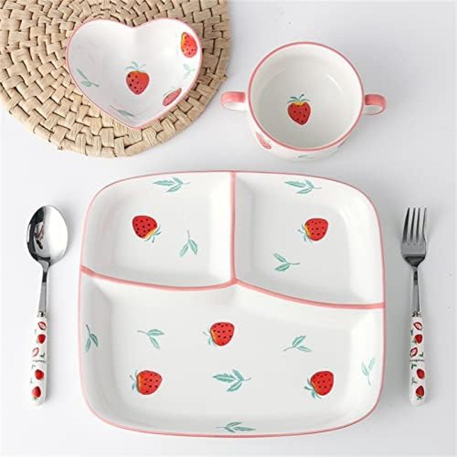 Assiette Divisée/Bol À Soupe/cuillère/Fourchette Ensemble De Couverts Une Personne Utiliser des Assiettes Bariatriques pour Le Contrôle des Portions - 5 Pièces Ustensiles De Cuisine,Motif Fraise,P