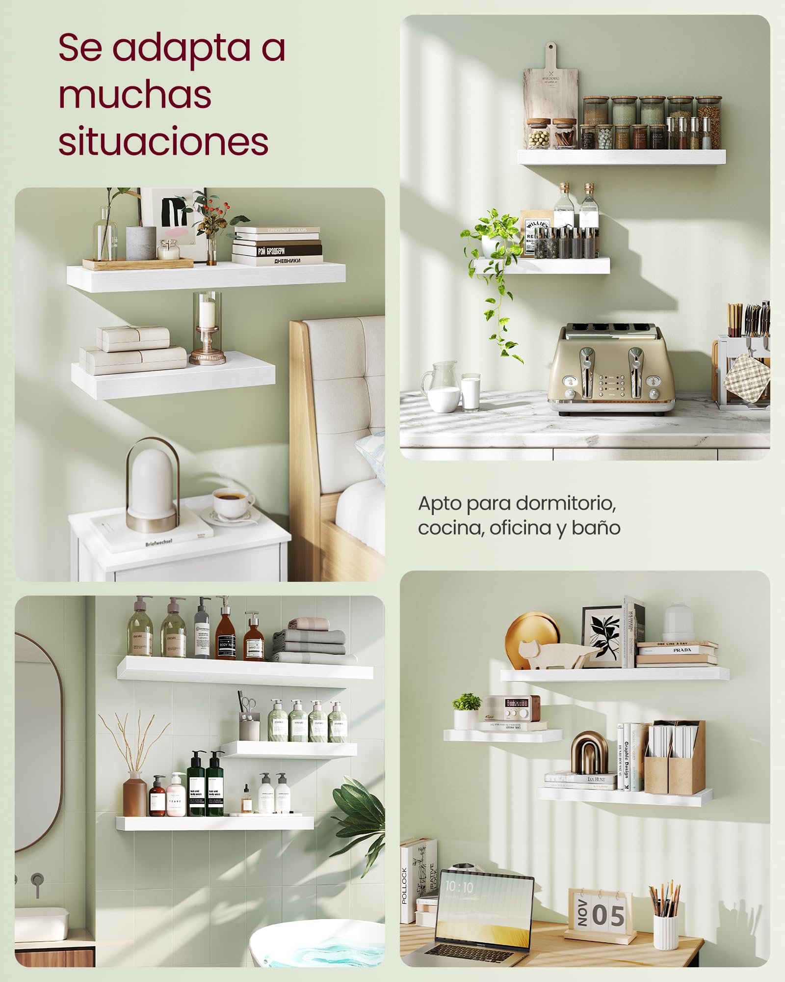 VASAGLE Estante de Pared, Juego de 3, Estante Flotante, 20 x 80 x 3,8 cm, Balda de Pared para Marcos de Fotos, Decoración, para Salón, Estudio, Cocina, Blanco Nieve LWS028WE01-3J