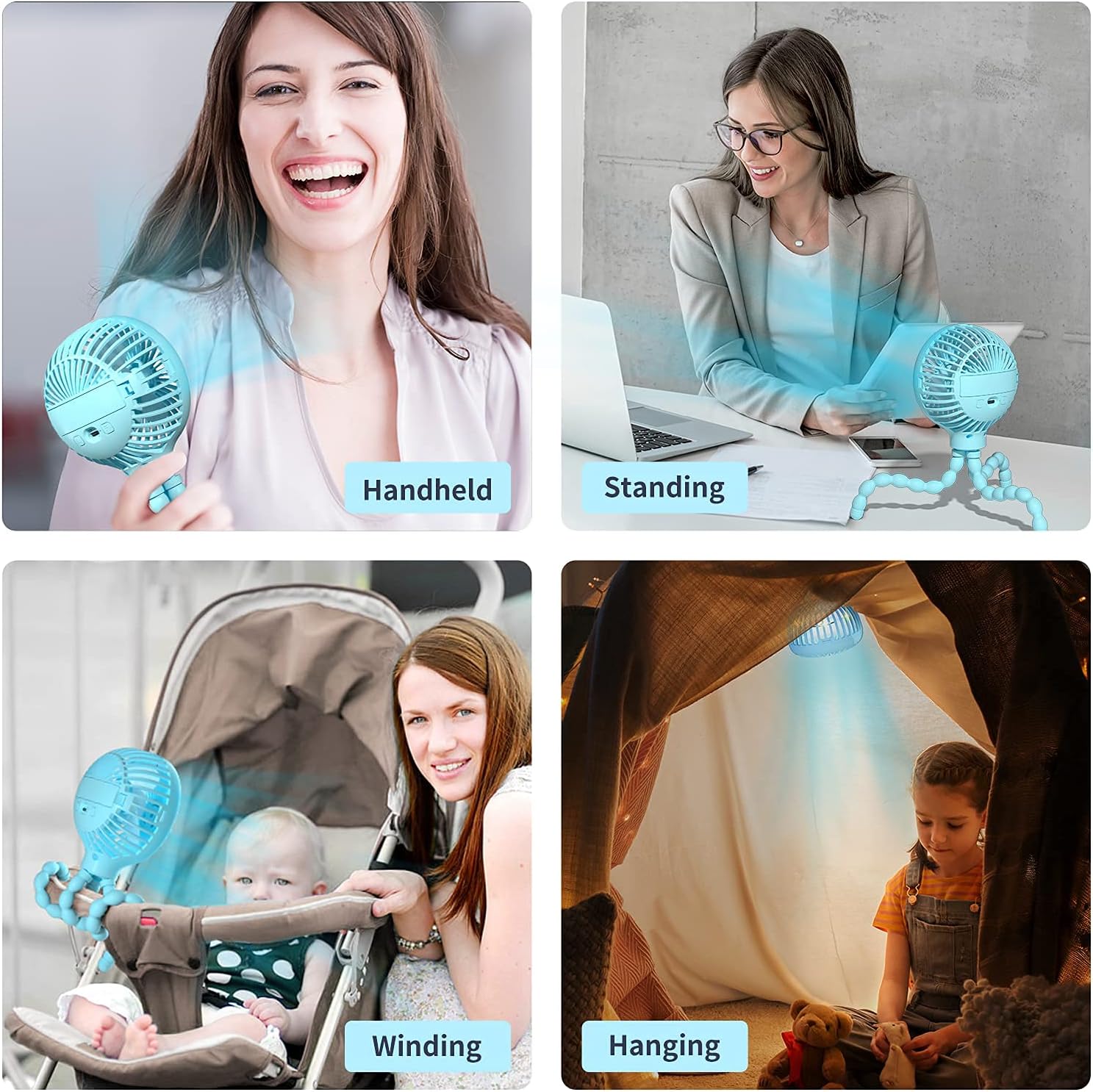 Stroller Fan Upgraded Handheld Personal Fan Battery Operated Mini Portable Fan with LED Light Aromatherapy, Flexible Tripod Clip On Fan with 3 Speeds Versatile Fan for Car Seat Crib Bike Desk (Blue) : Baby