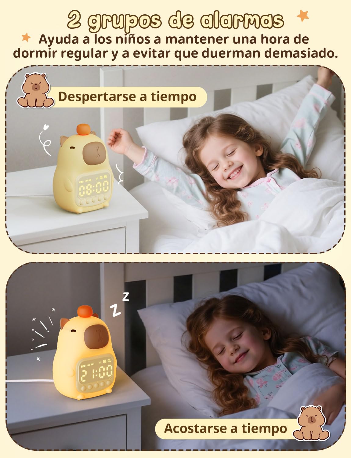 YISSVIC Despertador Infantil Reloj Despertador Digital 2 Alarmas Brillo Ajustables 8 Volumenes 5 Músicas, Función de Repetición Luces Nocturnas Recargable de 1800mAh para Infantil Adulto- Capibara