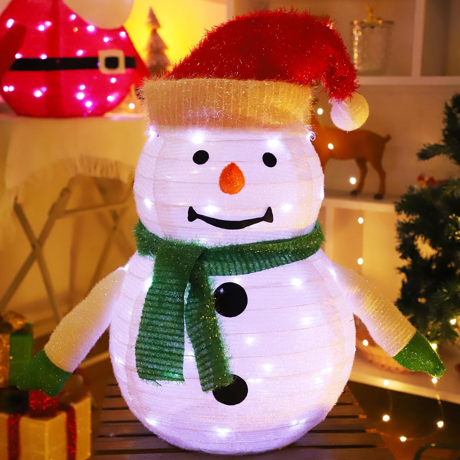 Christmas Decoration Santa Claus Decor, 2Ft Pre-Lit 45LED Light Up Collapsible Santa Decor, Pop Up Santa with Metal Stand for Indoor Outdoor Xmas Tree Garden Yard Home Party Decor