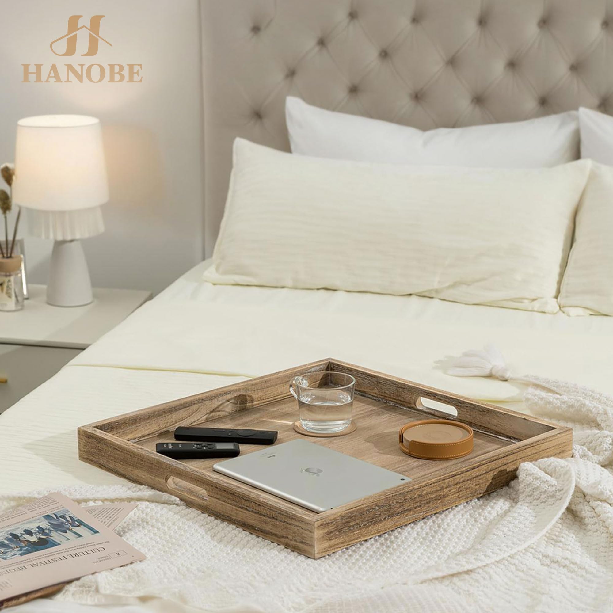 Hanobe Bandeja otomana grande para servir: bandejas de madera para mesa de centro con asas de 20 pulgadas para sala de estar, decoración otomana rústica cuadrada extra grande de gran tamaño para | Decoración cuadrada grande rústica de gran tamaño para sal