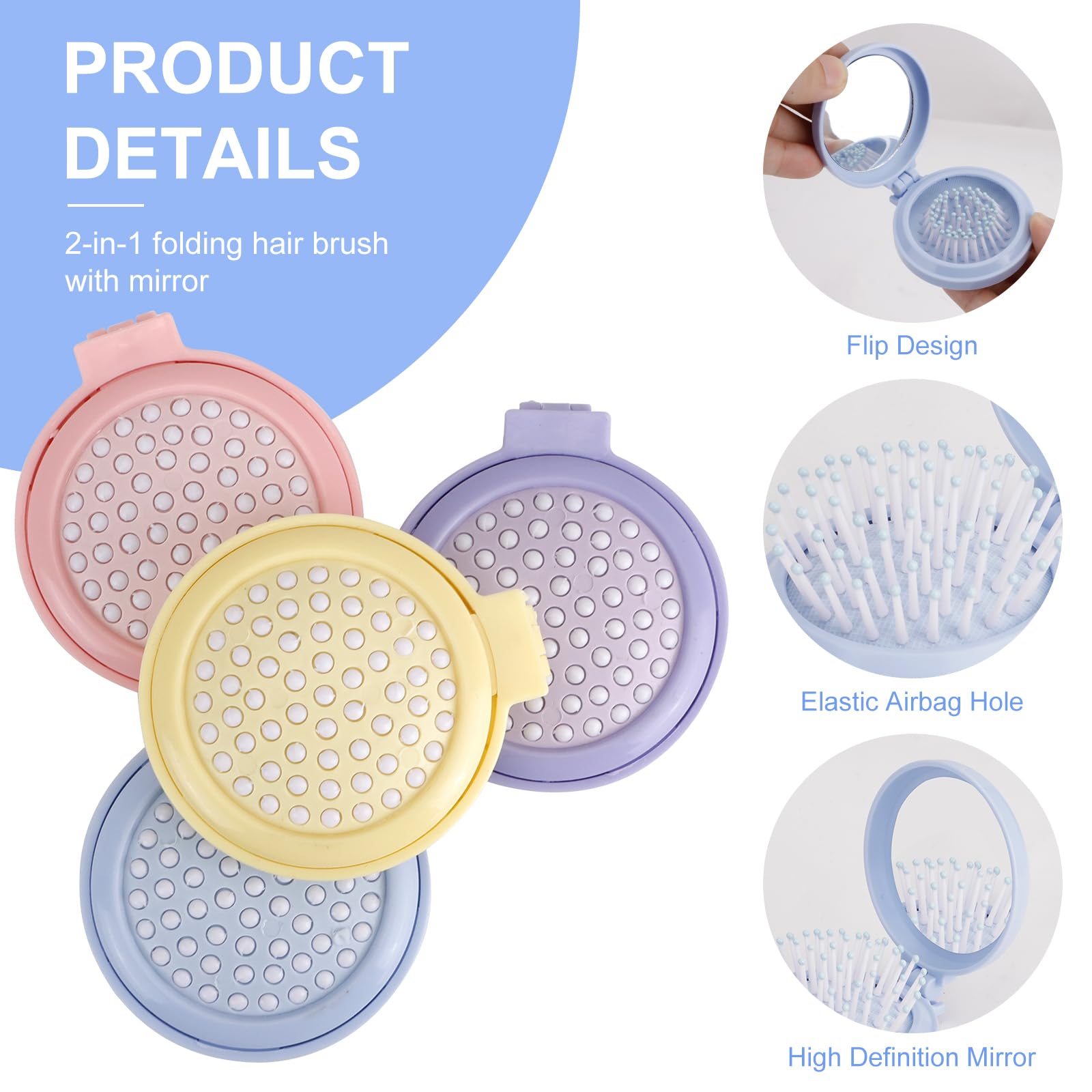 LIUCONGBD 4PCS Folding Hair Brush with Mirror, Mini Round Travel Size Hairbrush with Compact Mirror - Image 3