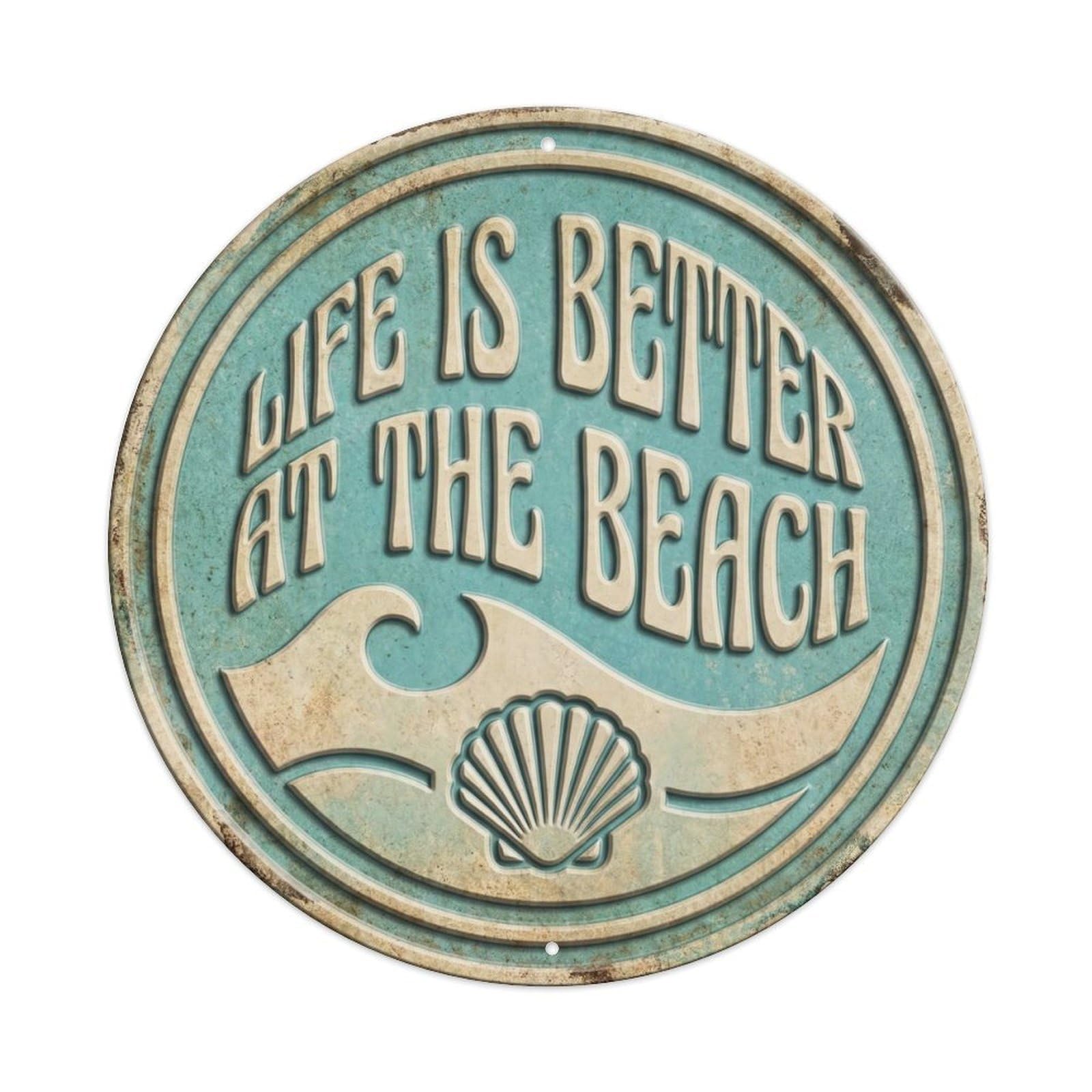Life Better At Beach Coastal Quote Rustic Motto Seashell Metal Tin Sign Plaque Wall Decor for Cafe, Man Cave, Club Bar, Office, Home Garden Round Metal Poster 8x8Inch