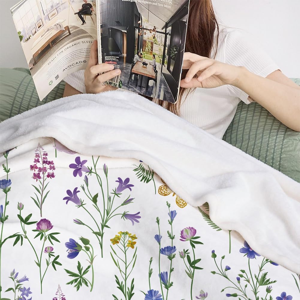 Wildflowers Throw Blanket Botanical Floral Throw Blanket Colorful Butterfly Printed Blanket Flowers Decorative Soft Warm Cozy Flannel Throw Blankets for Bedding Sofa 50"x60" - Image 4
