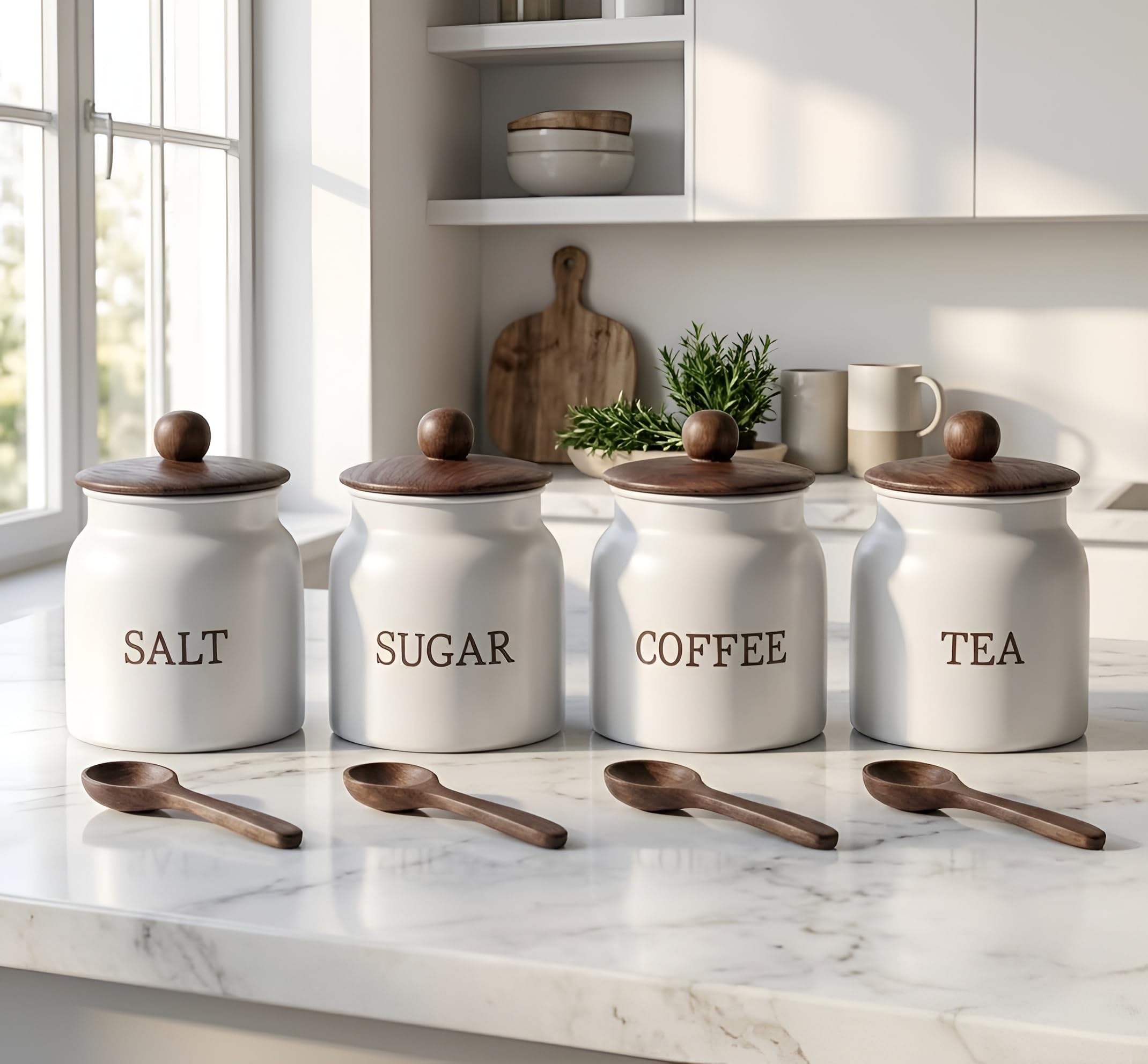 Airtight Tea, Coffee, Sugar & Salt Container with Wooden Lid & Wooden Spoon | Premium Metal Kitchen Storage Jar Set | Food Safe Kitchen Counter Canister for Storage | 800ml White set of 4-image-26