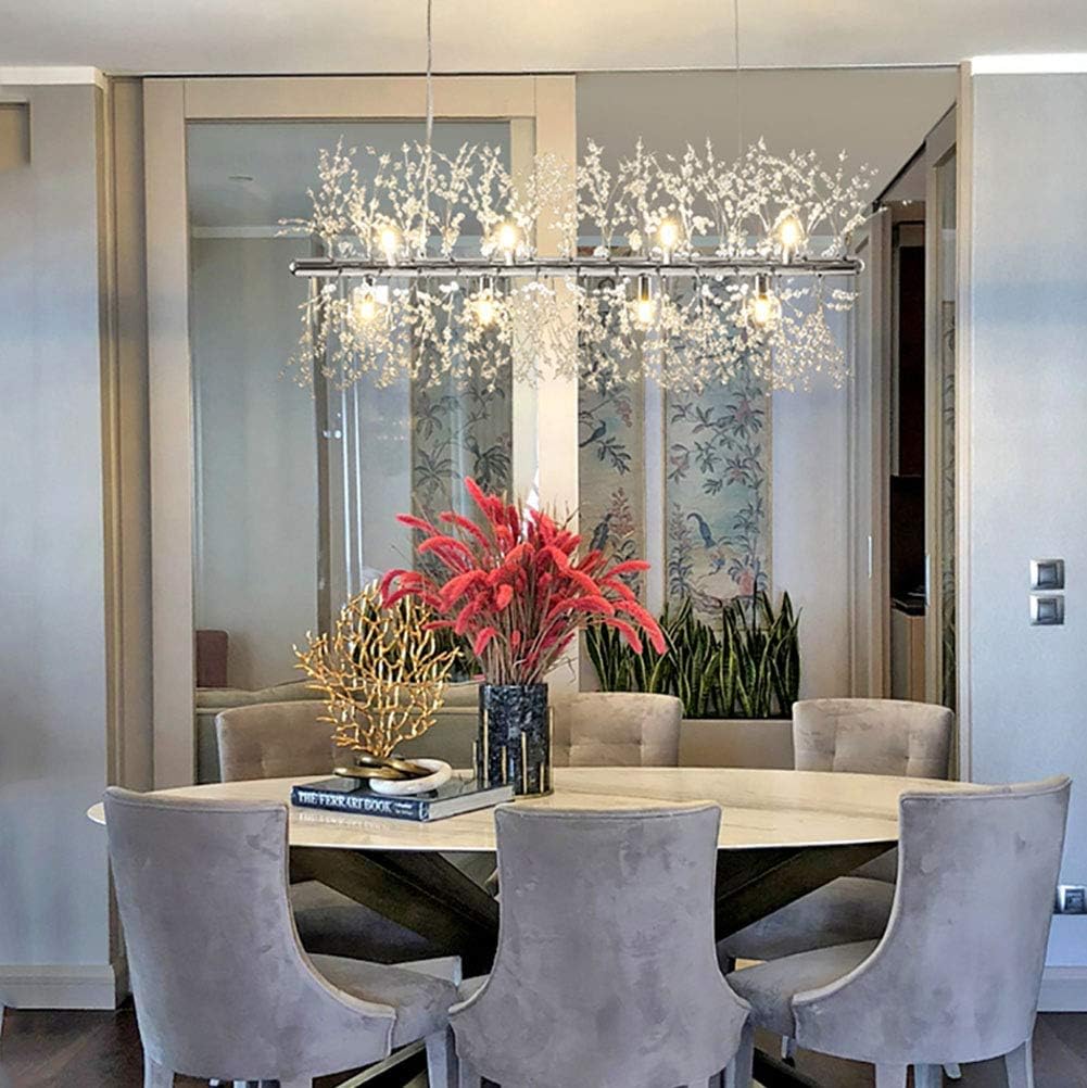 Rectangle Chandelier Firework Led Light Industrial Iron Crystal Pendant Lighting Adjustable Hanging Ceiling Light Fixture for Dining Room Living Room,Silvery White.,12 Lights