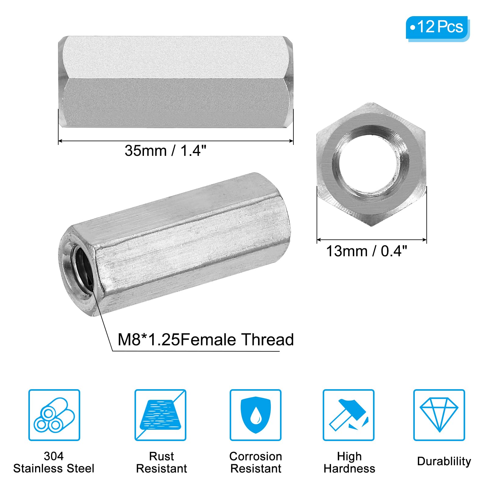 PATIKIL M8 x 1.25-Pitch 304 Stainless Steel Hex Coupling Nuts, 12Pcs 35mm/ 1.4" Length Coarse Fully Threaded Rod Coupling Nut Studding Connector Fasteners, Silver Tone - Image 2