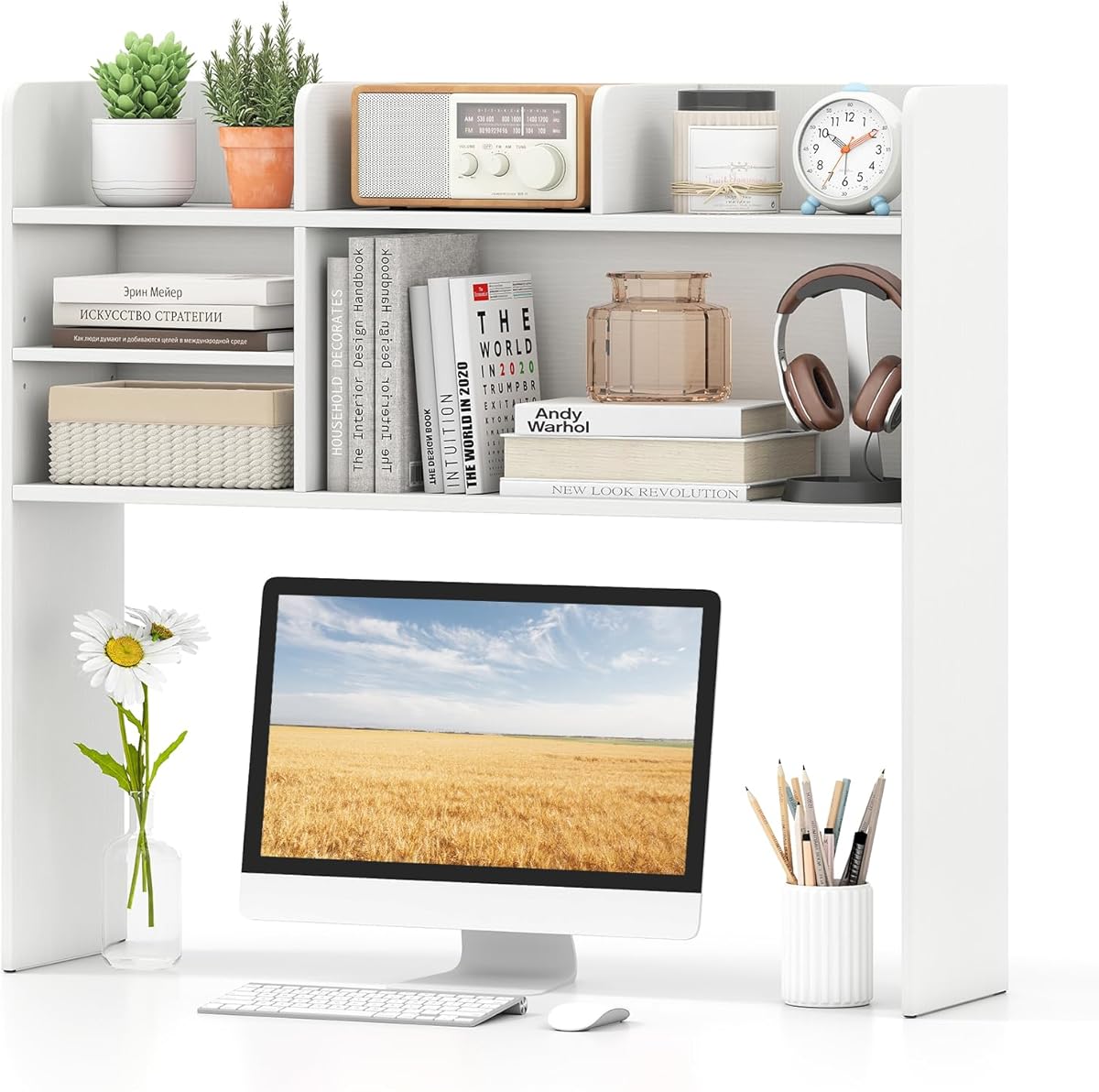 Tangkula Desktop Bookshelf for Computer Up to 32”, 37” Countertop Storage Hutch with 6 Storage Shelves, 3-Tier Desktop Organizer Display Rack, Wooden Desk Hutch for Dorm Home Office (White)