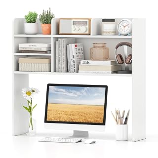 Tangkula Desktop Bookshelf for Computer Up to 32”, 37” Countertop Storage Hutch with 6 Storage Shelves, 3-Tier Desktop Organizer Display Rack, Wooden Desk Hutch for Dorm Home Office (White) - Amazon product rated Grade A