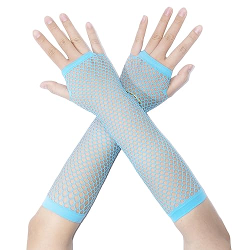 Fepdiu Fishnet Fingerless Gloves Mesh Arm Sleeves Fish Net Arm Sleeves EMO Gloves for Women in Theme Party Scene Accessories - #04-light Blue