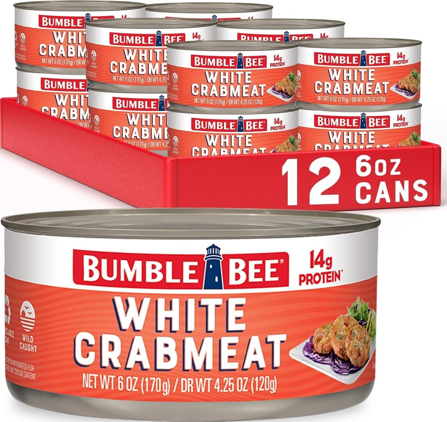 Bumble Bee White Flake Crab Meat in Water, 6 oz Can - 14g Protein & 1g Carb Per Serving - Wild Caught, Flaky, Drain Before Use, 6 Ounce (Pack of 12)