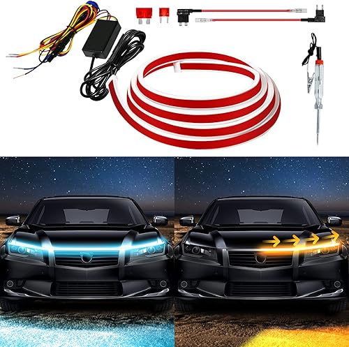 Tira de luz LED para capó exterior del coche, kit de arranque de haz de luz con escaneo dinámico de doble color, luces de señal de giro secuenciales