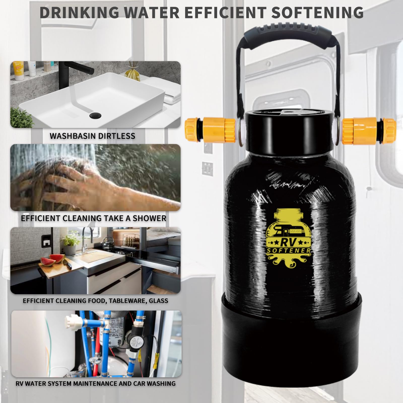 RV Water Softener – 16000 Grain Portable Water Softener – Suaviza el sistema de filtro de agua dura para caravanas, barcos, lavado de coches móviles, limpiador de alta presión (Black -RV Water