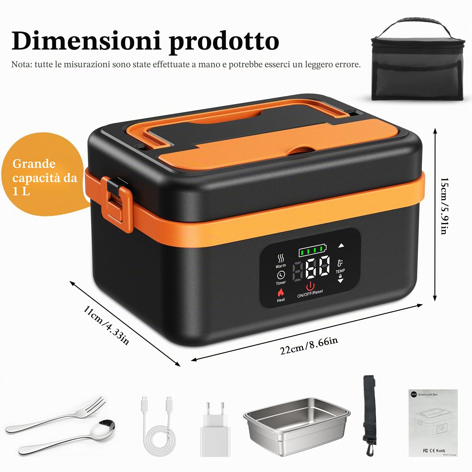 Scaldavivande a Batteria Ricaricabile, 1L Scalda Vivande a Batteria Ricaricabile, 16000 mAh , Scaldavivande Portatile con Stoviglie e Sacchetto Isolato per Ufficio, Picnic, Auto e uso All'aperto
