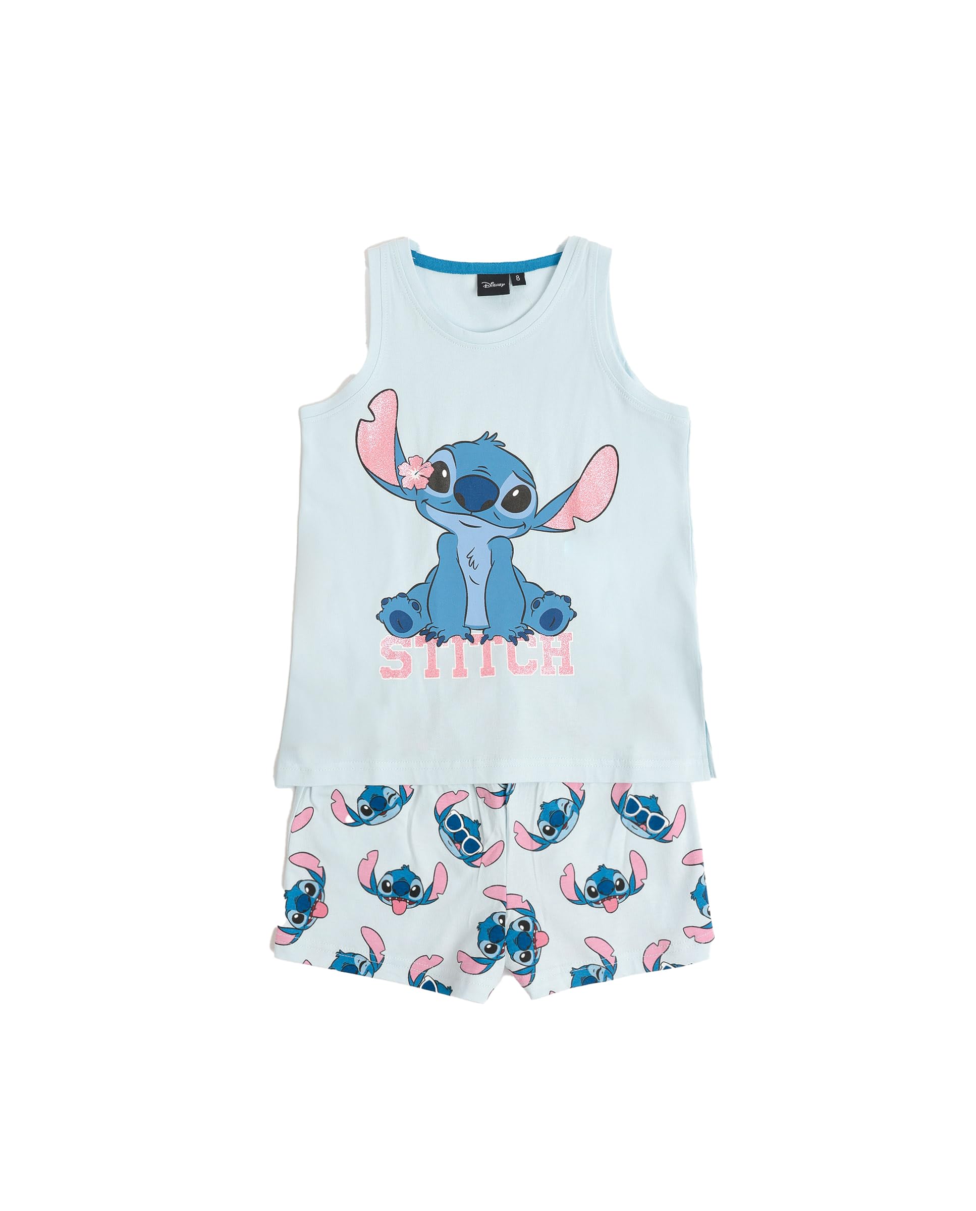 Disney Pijama niña Verano 100% algodón - Pijama sin Mangas Stitches para niña – pantalón Corto con Cinturilla elástica Estampado – Tejido Suave al Tacto, Azul - Talla 8 años