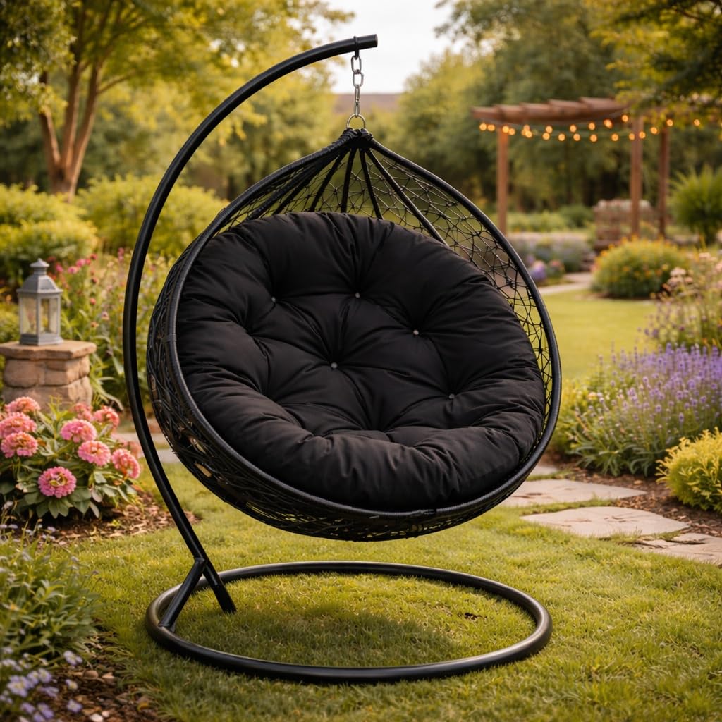FLLOW Papasansessel Kissen Sitzkissen Hängesessel 130cm - Polster für Korbsessel Papasan Chair Lesesessel und Rattansessel für Outdoor und Indoor rund und groß, UV - beständig wasserdicht, Schwarz