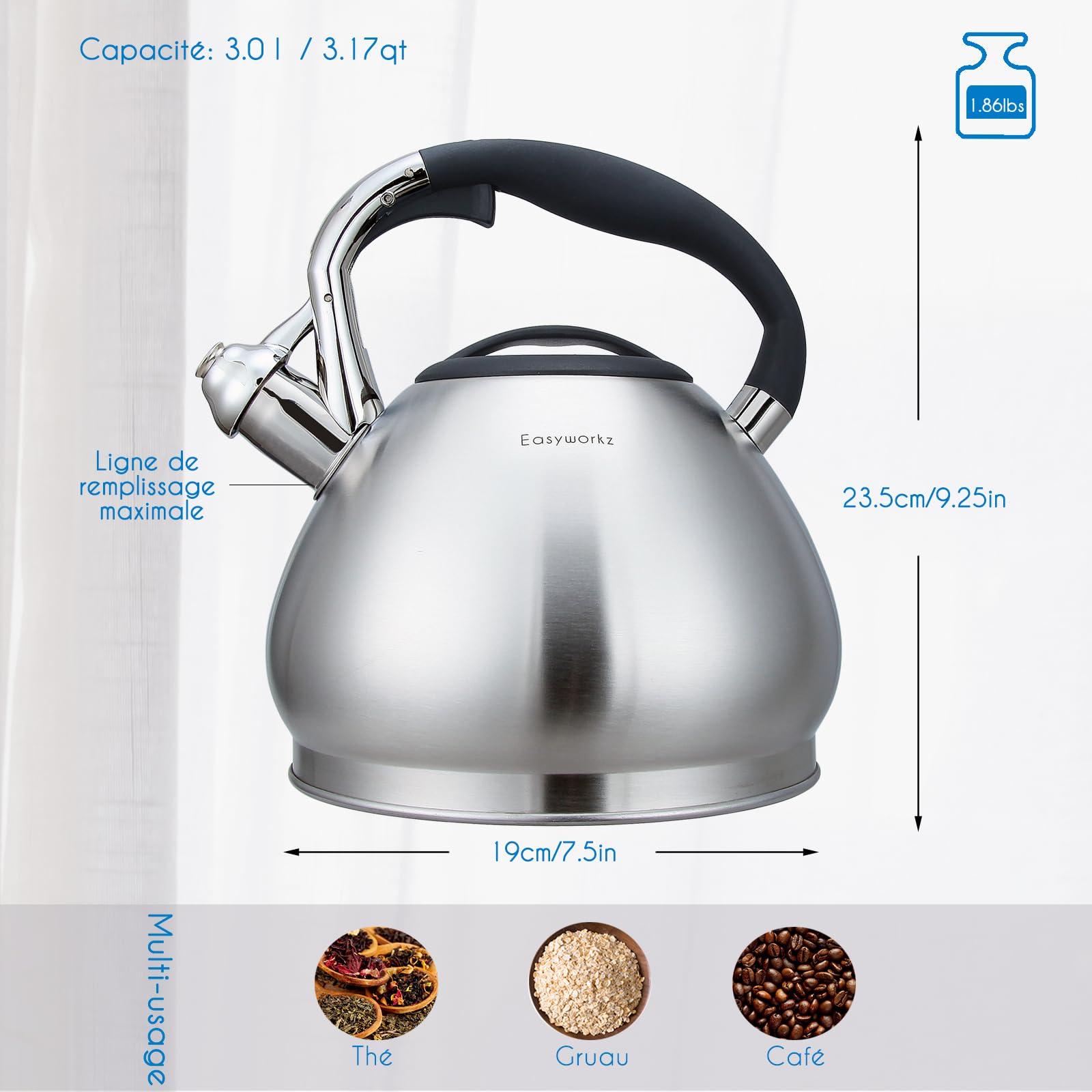 Easyworkz Bouilloire sifflante en acier inoxydable de qualité alimentaire avec sifflet puissant, 3,0l, argenté