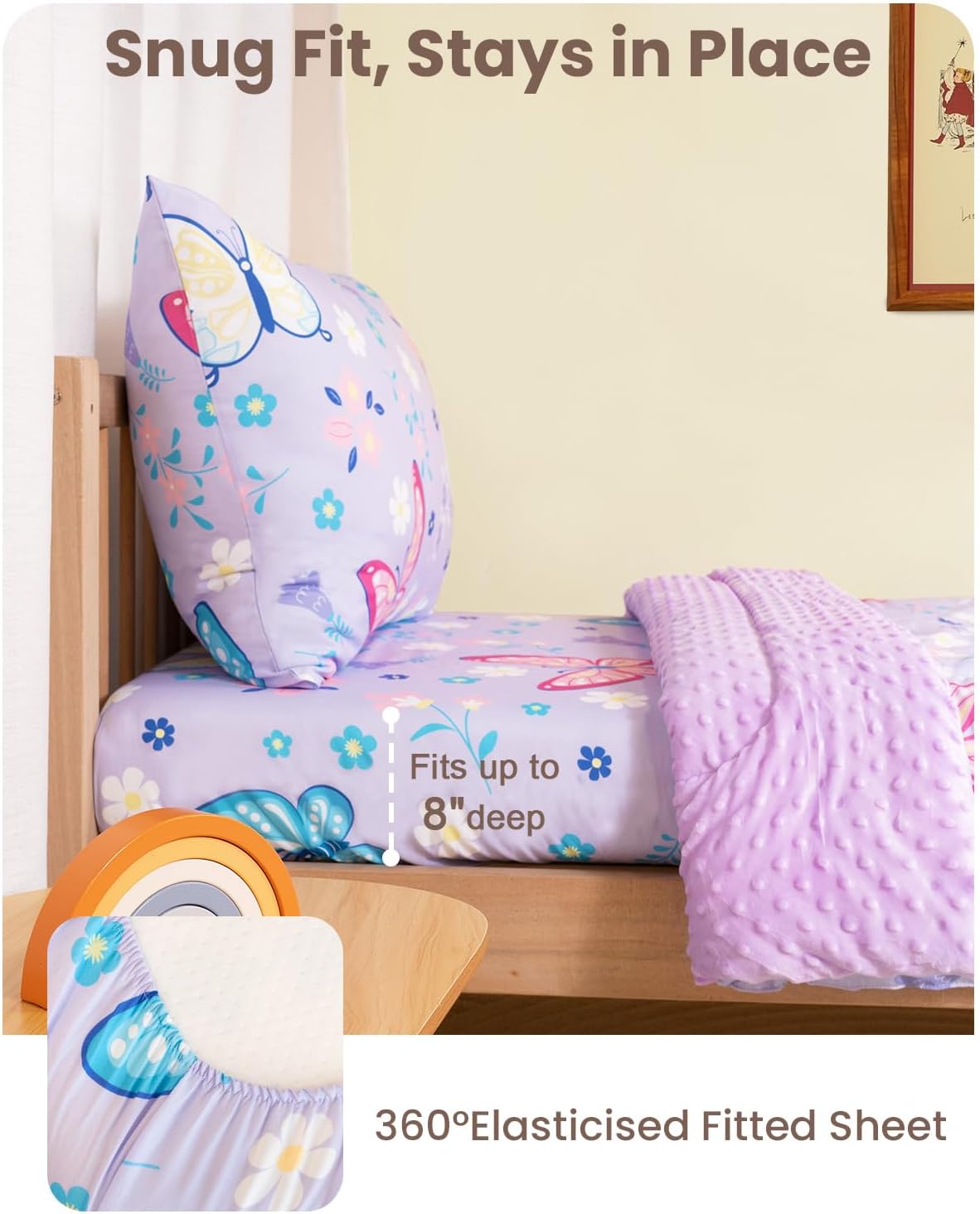 TinyPalsa Butterfly Toddler Bedding Set, 4-Piece Comforter Set for Girls and Boys, Breathable Crib Bedding Includes Ultra-Soft Plush Minky Comforter, Flat and Fitted Sheets, and Reversible Pillowcase
