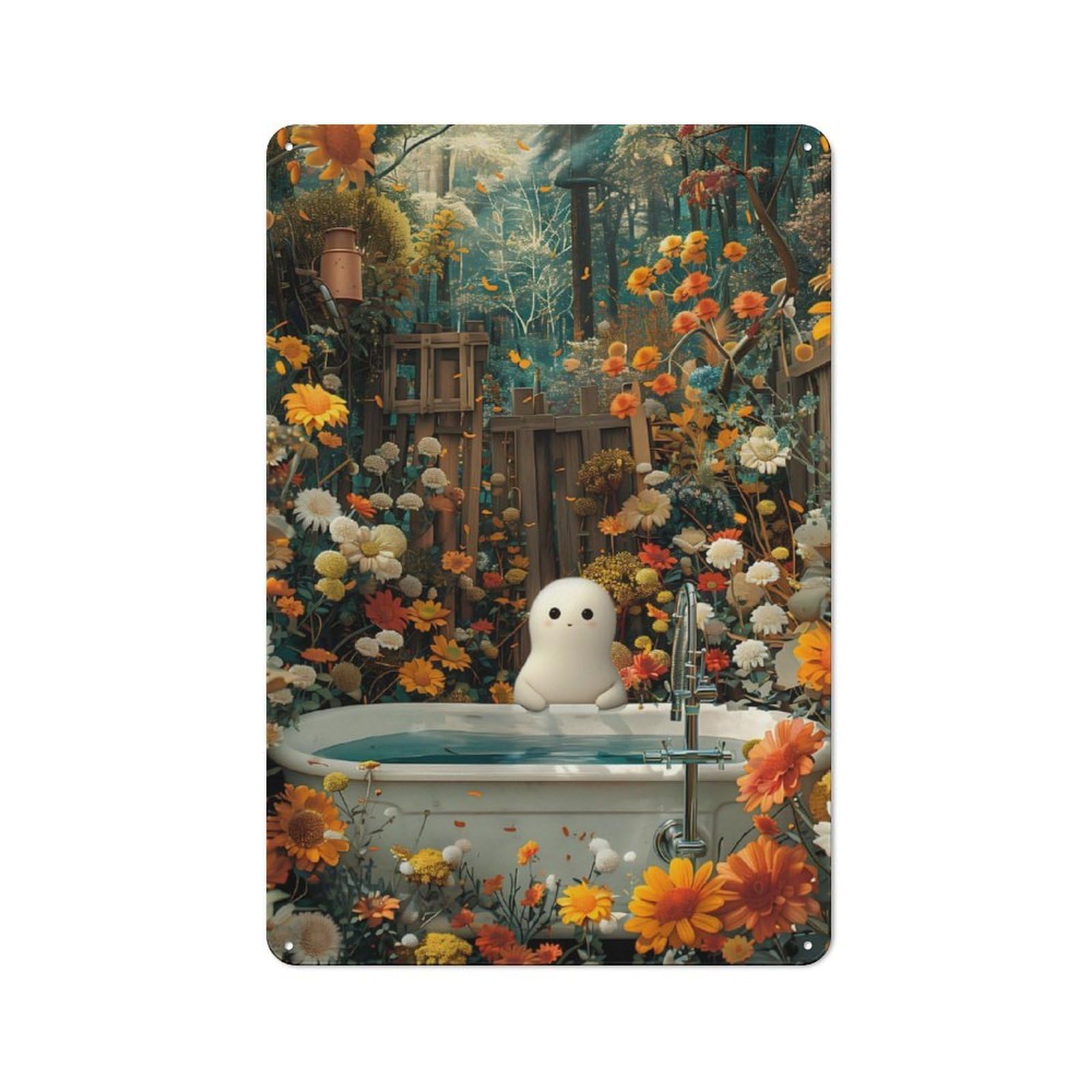 Vintage Tin Sign 30x20cm with Floral Ghost Bathtube for Café Or Restaurant, Suited to Wall Displays in Cafés And Restaurants