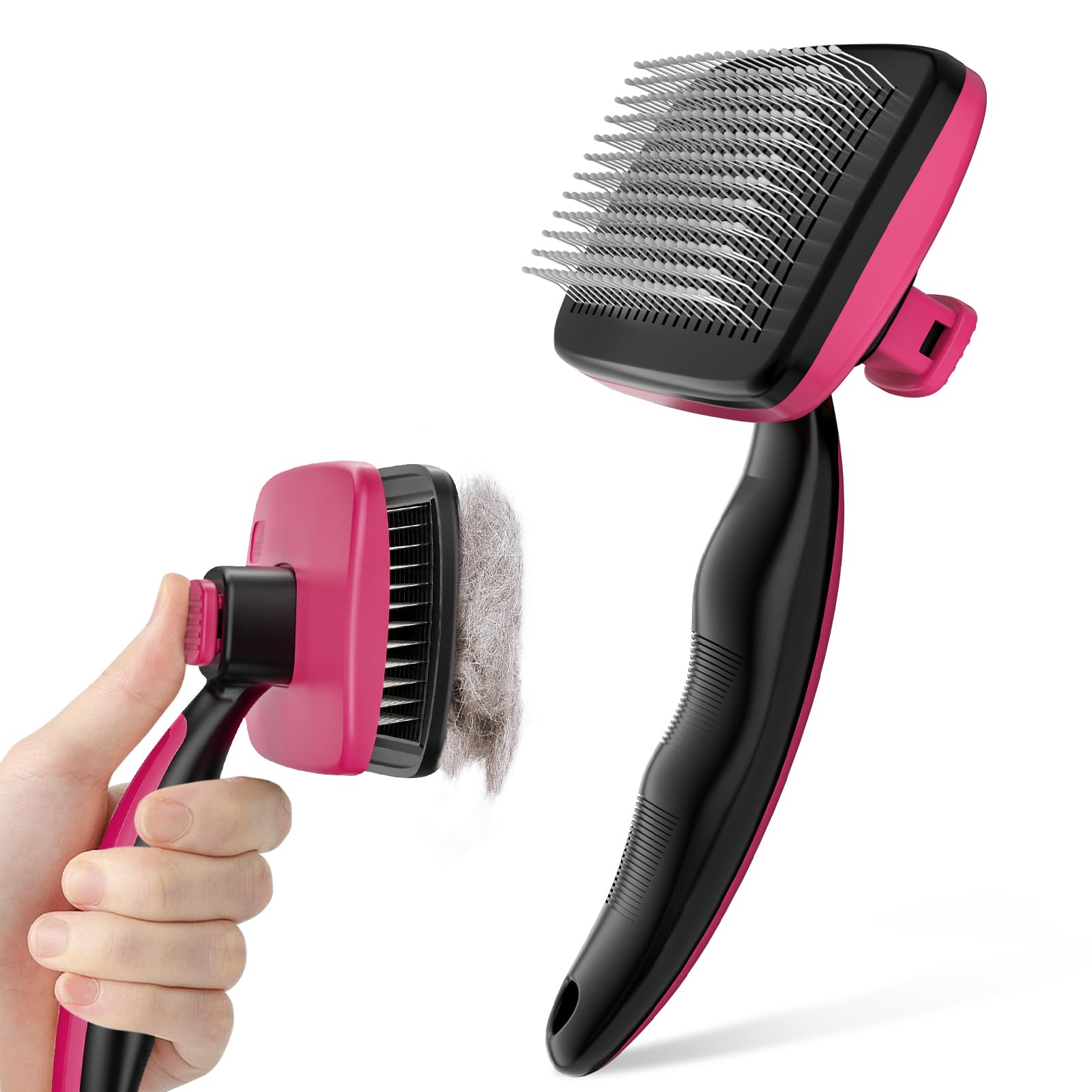 Pecute Spazzola per Cani/Gatti, Denti in Acciaio Inossidabile, Manico Antiscivolo, Un Pulsante per Rimuovere i peli, Pettinare i Grovigli e Ridurre Fino al 95% della Caduta dei Peli,Rosa,S