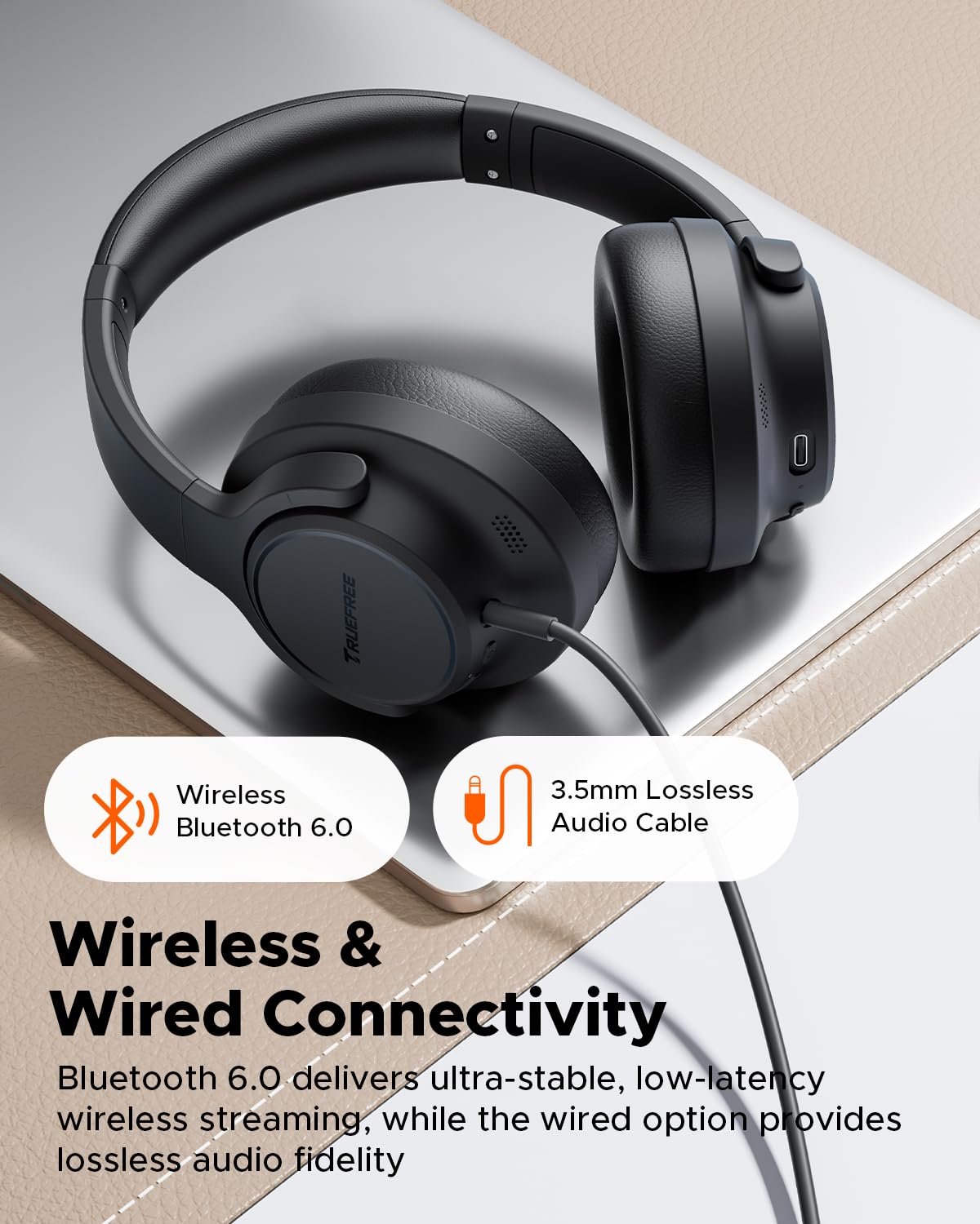 Truefree HF10 Hybrid Active Noise Cancelling Headphones, Wireless Over Ear Bluetooth 6.0 ANC Headset, 125 Hours Playtime, Spatial Audio, Deep Bass, App Custom EQ, Dual Connection, Comfort Fit Ear Cups — view 7