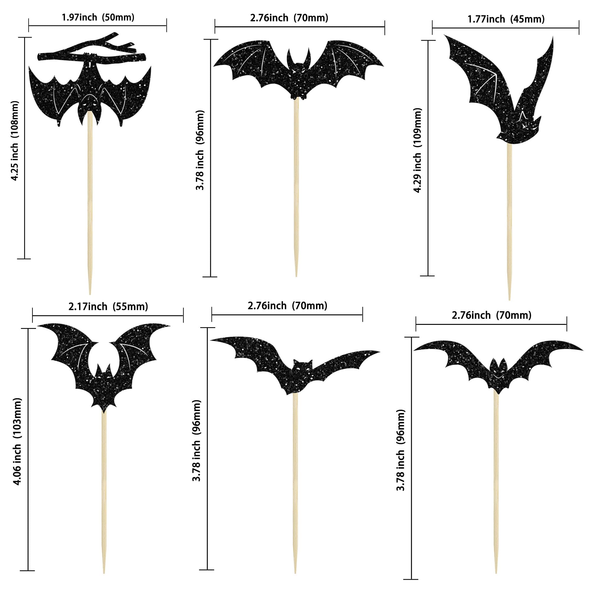 Gyufise 24Pcs Black Glitter Bat Cupcake Toppers for Halloween Theme Baby Shower, Kids Birthday Party Cake Decorations Supplies